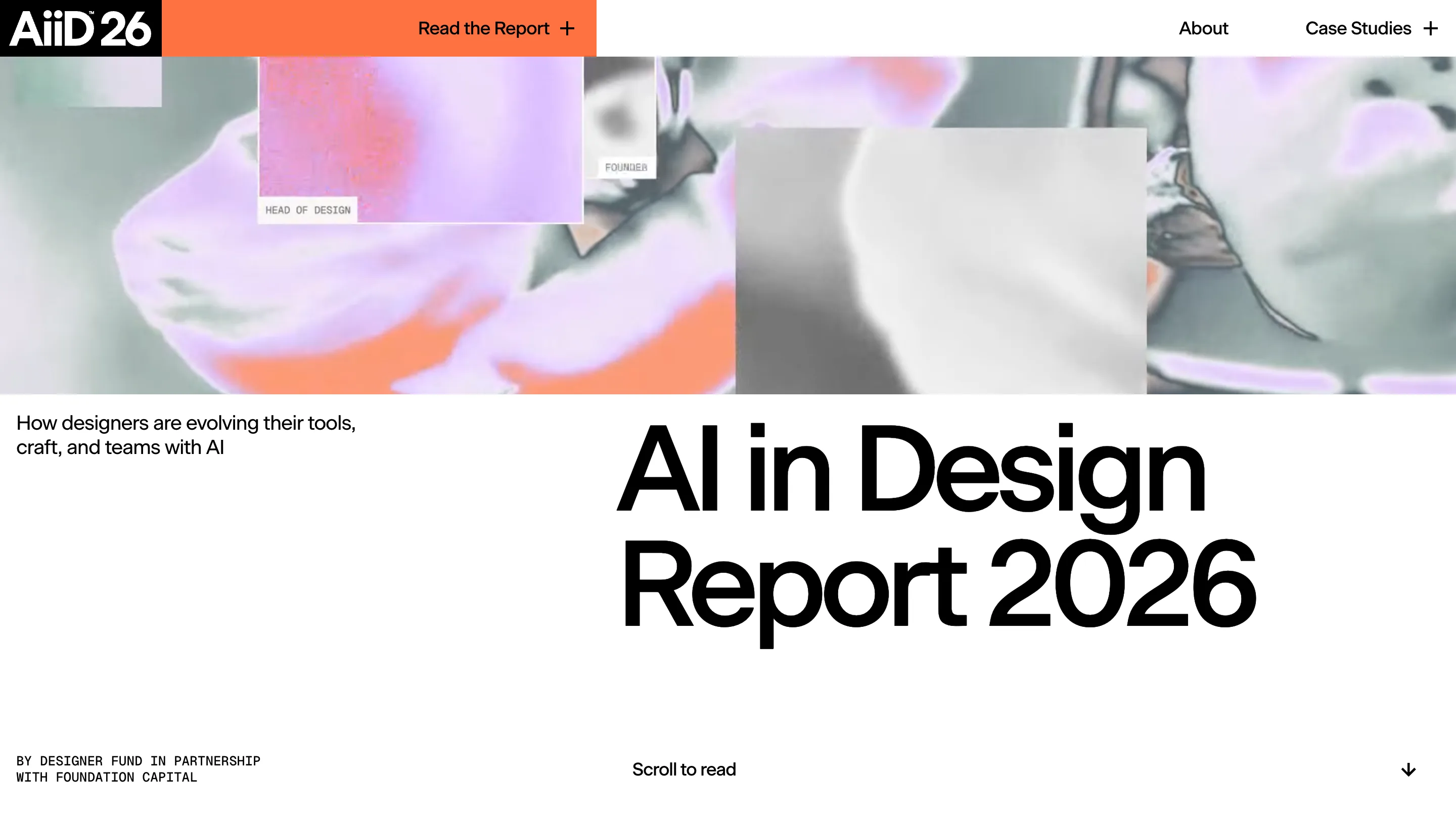 Homepage of the AI in Design Report 2026, with a grid of cropped solarised flower photographs above the title set in large black neo-grotesk type, credited to Designer Fund in partnership with Foundation Capital
