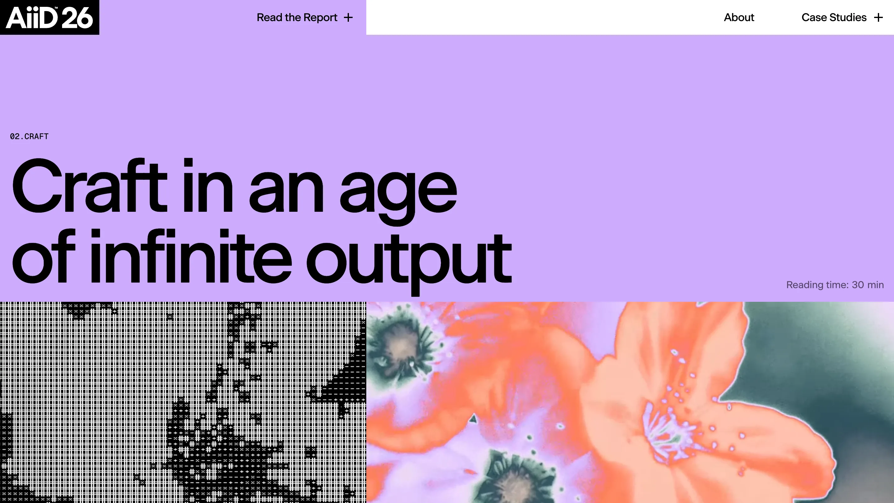The Craft chapter opener on the AI in Design Report 2026 site, headline Craft in an age of infinite output set on a flat lilac field, above a split image band