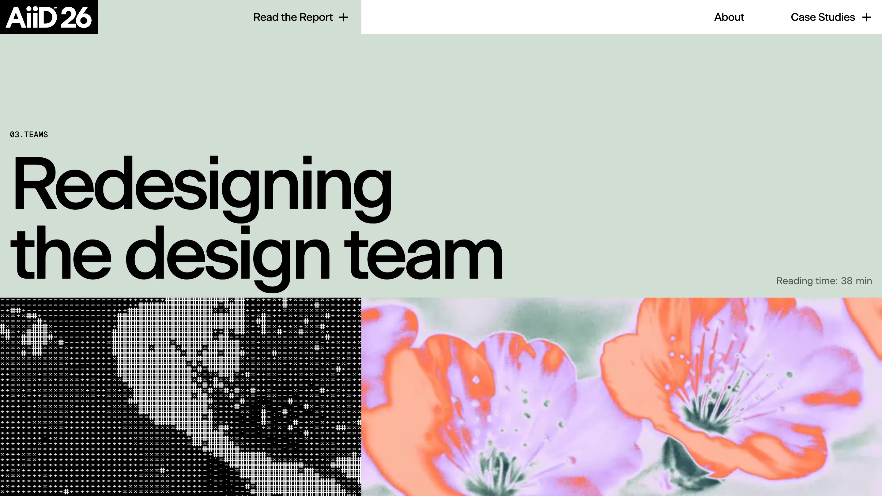 The Teams chapter opener, headline Redesigning the design team in black on sage green, with a 38 minute reading time noted in the corner