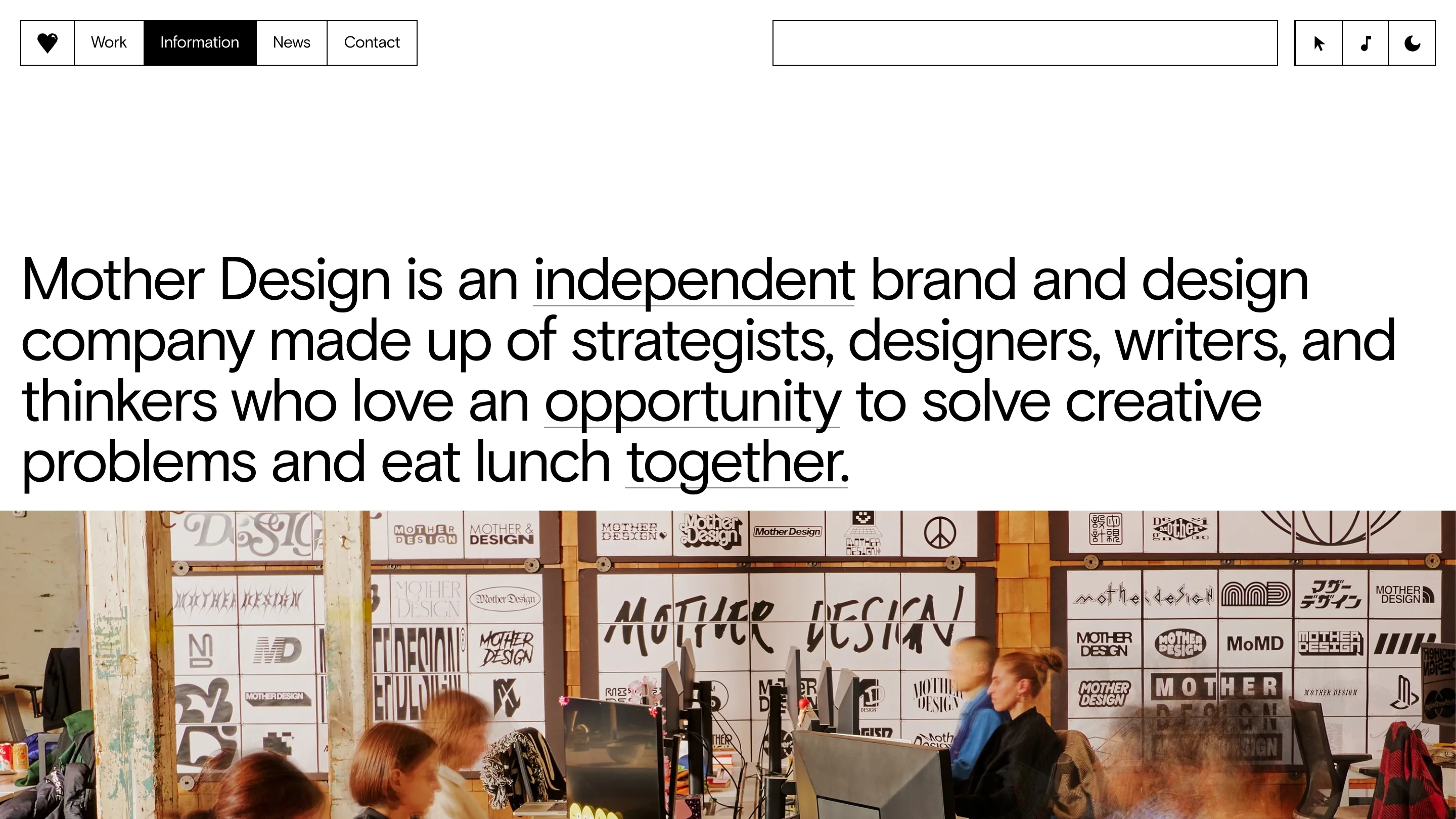 Mother Design information page: a large sentence in black type with three words underlined, above a photo of the studio with a wall covered in hand-drawn versions of the Mother Design logo