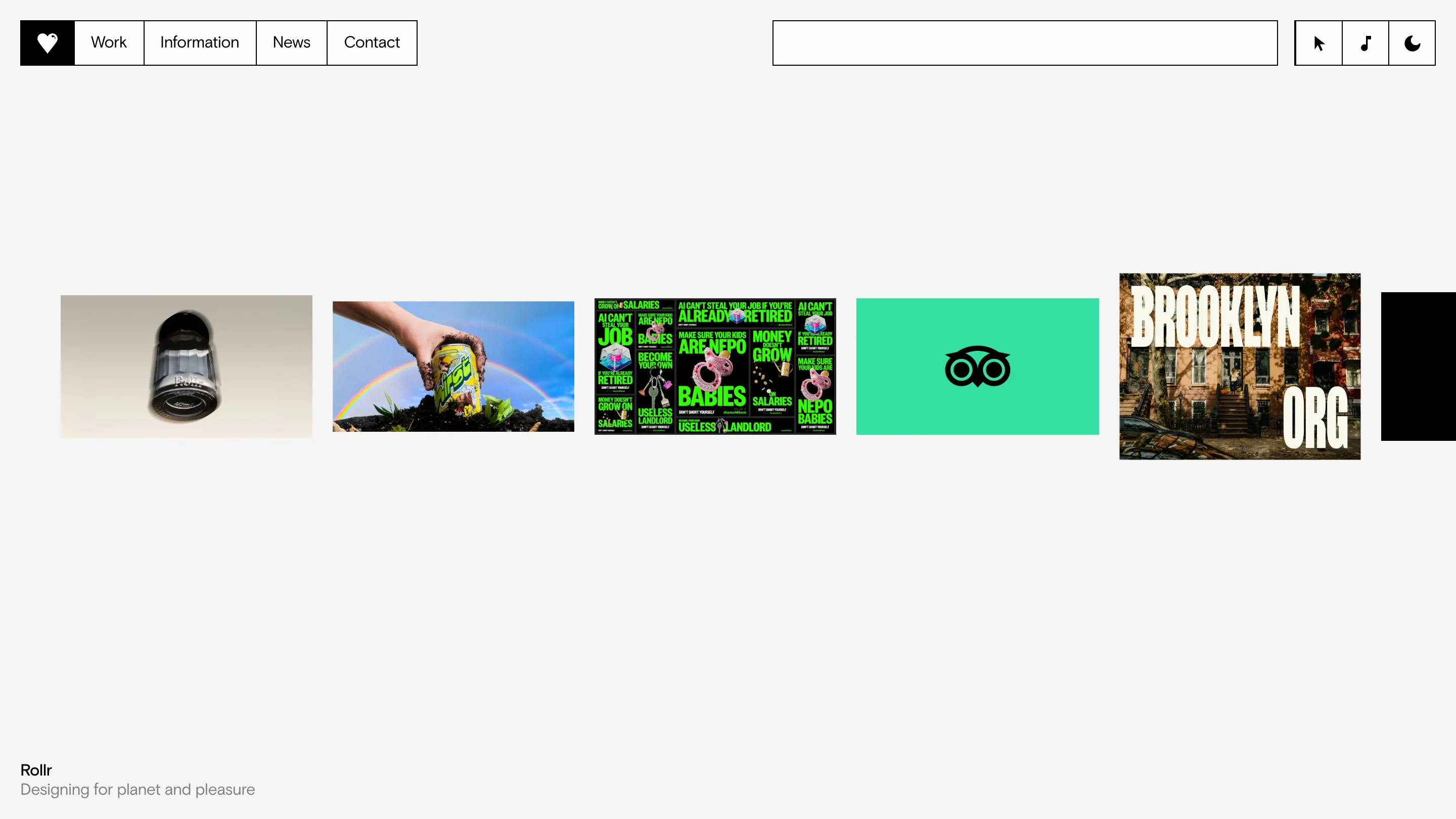 Mother Design homepage: a horizontal strip of project thumbnails on an off-white background, with a boxed nav and a caption reading Rollr, Designing for planet and pleasure