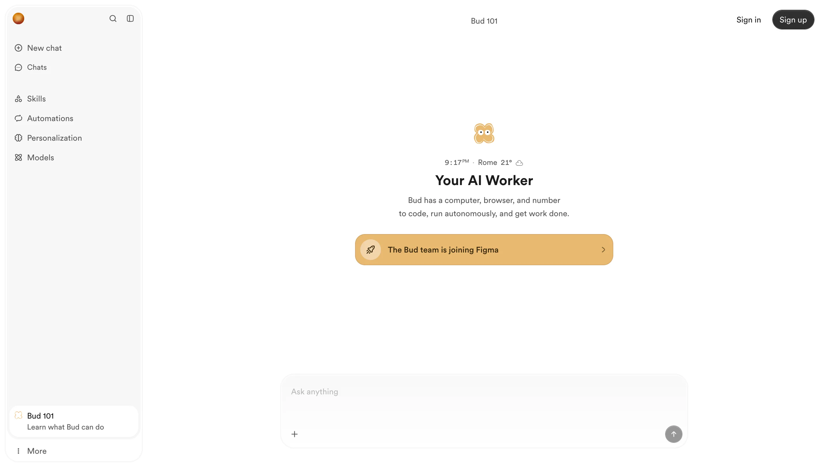 The Bud app interface with a banner reading The Bud team is joining Figma, under the headline Your AI Worker