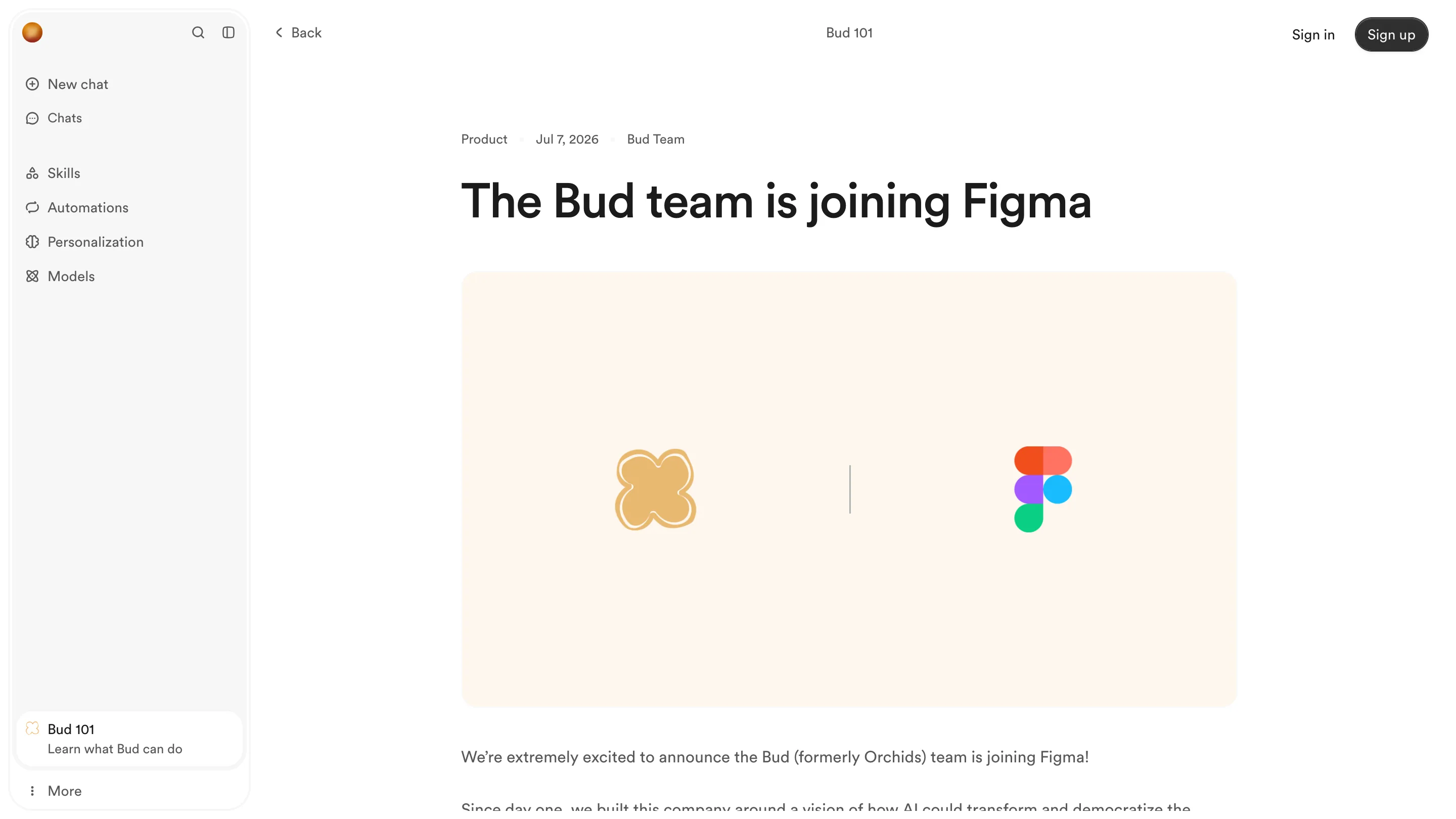 Bud blog post dated 7 July 2026 titled The Bud team is joining Figma, with the Bud clover logo beside the Figma logo
