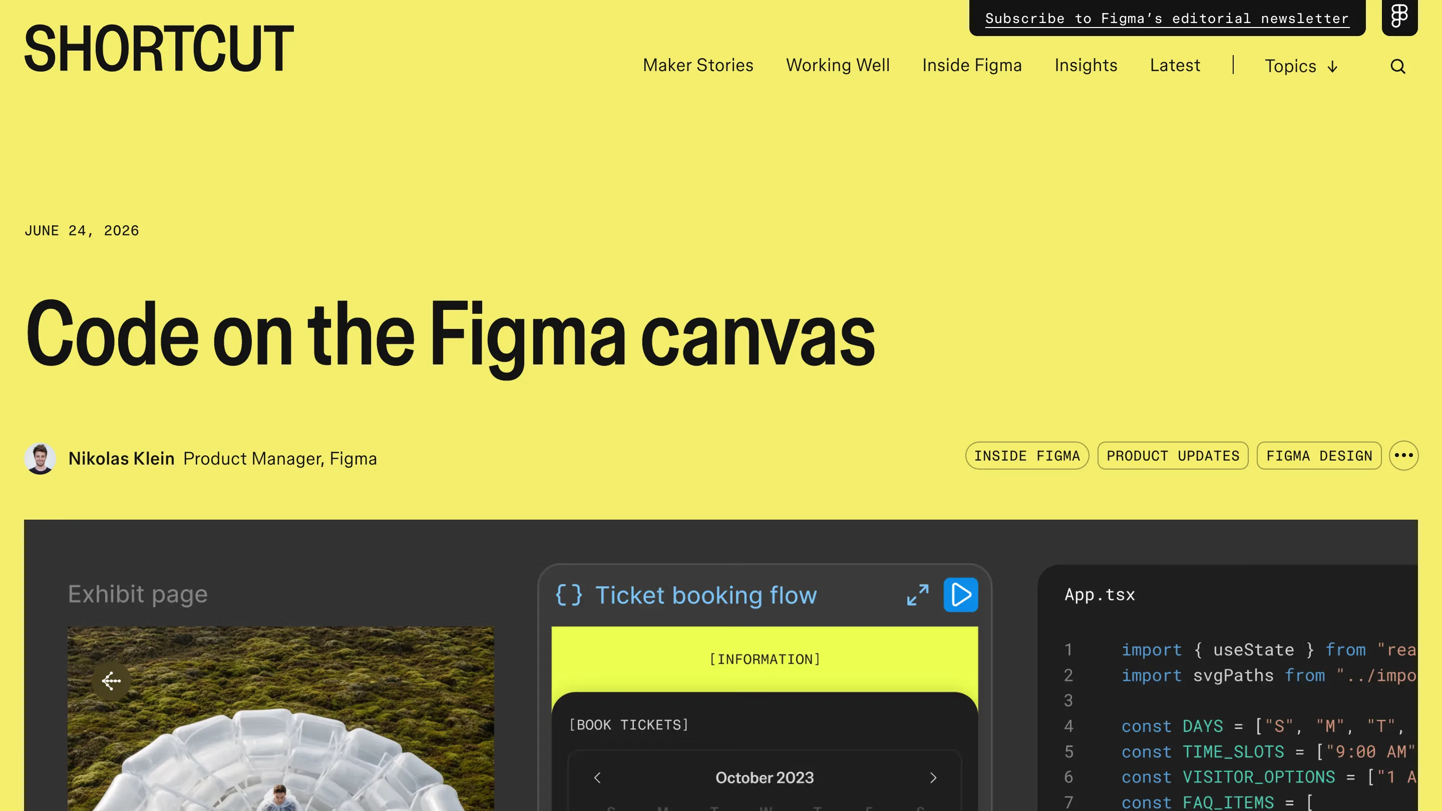 Figma Shortcut article Code on the Figma canvas, dated 24 June 2026, on a yellow background with a screenshot of code layers running next to a design