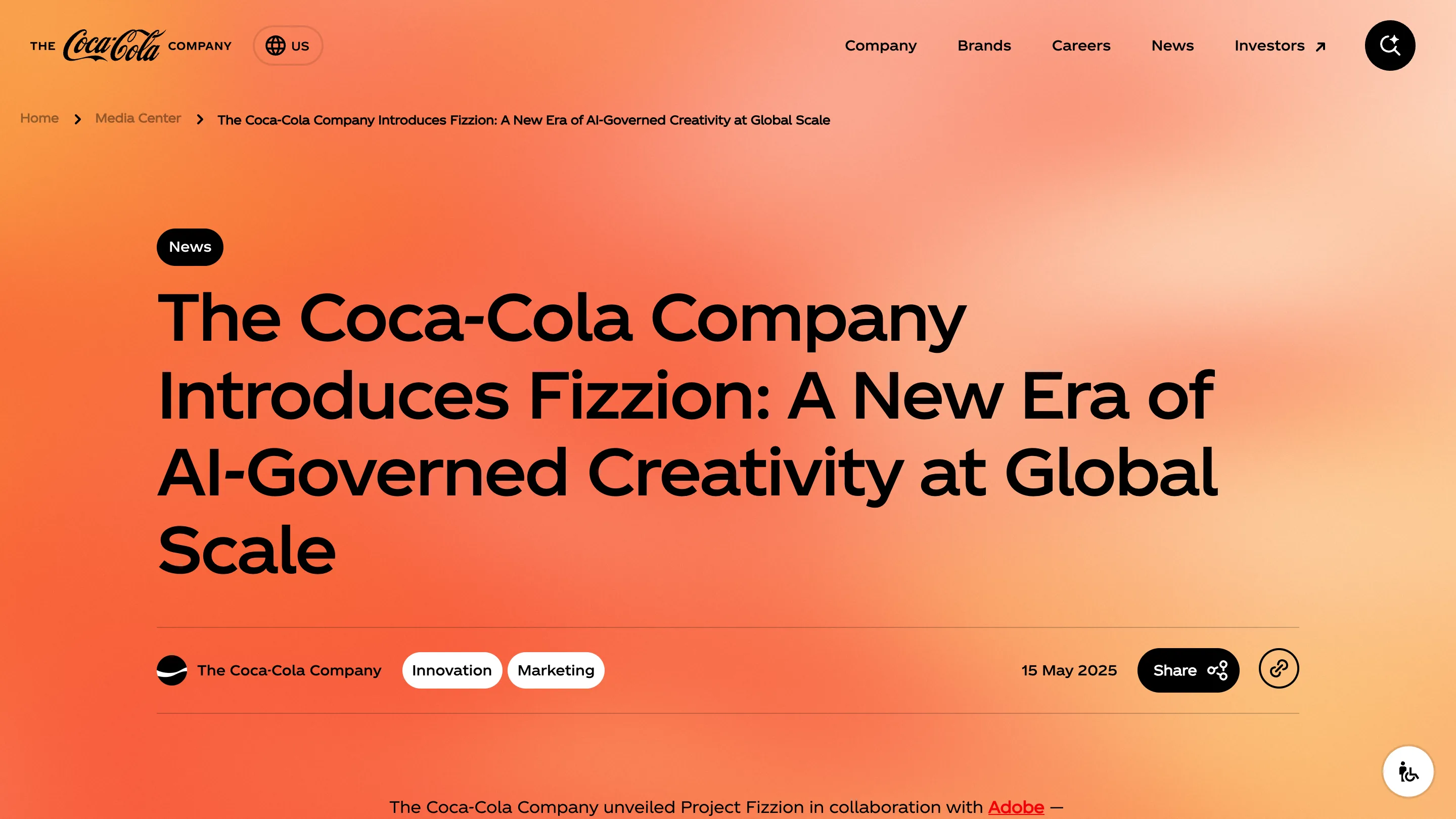 Coca-Cola media centre page announcing Fizzion, headline set over an orange gradient, dated 15 May 2025