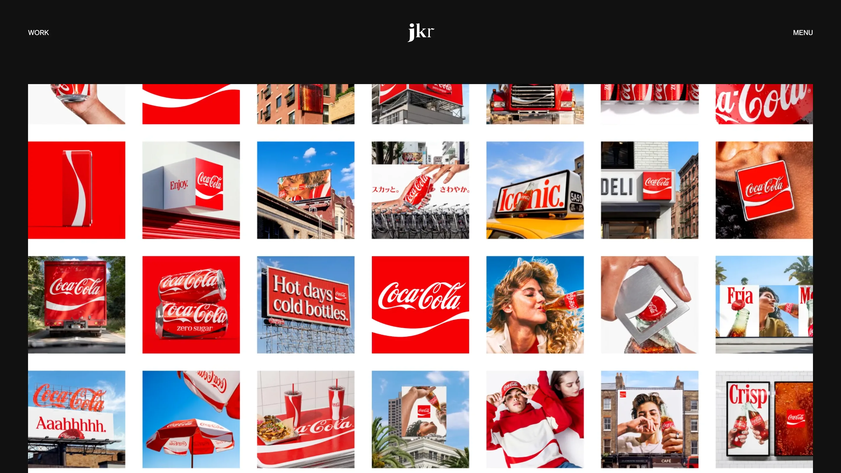 JKR work page showing a dense grid of Coca-Cola executions: red billboards, a truck, a deli sign, cans and outdoor posters
