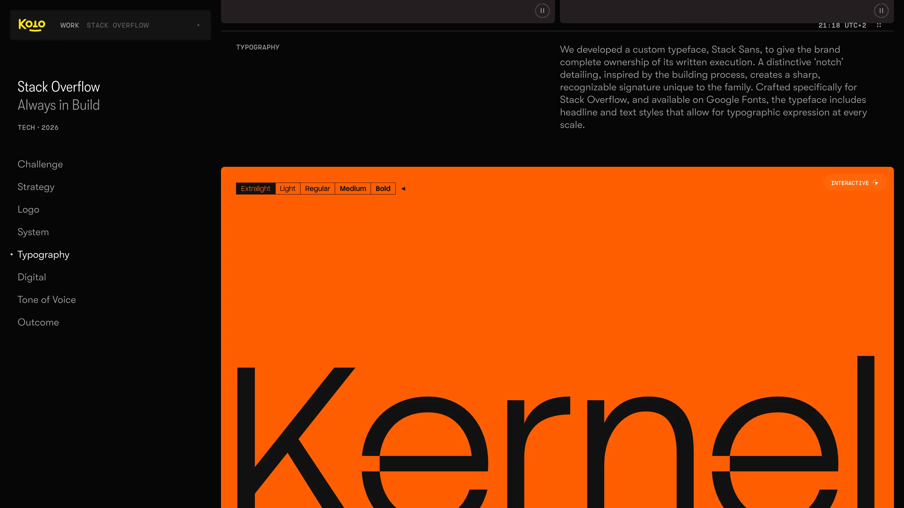 The word Kernel set huge in the custom Stack Sans typeface, black on Stack Overflow orange, with weight toggles from Extralight to Bold