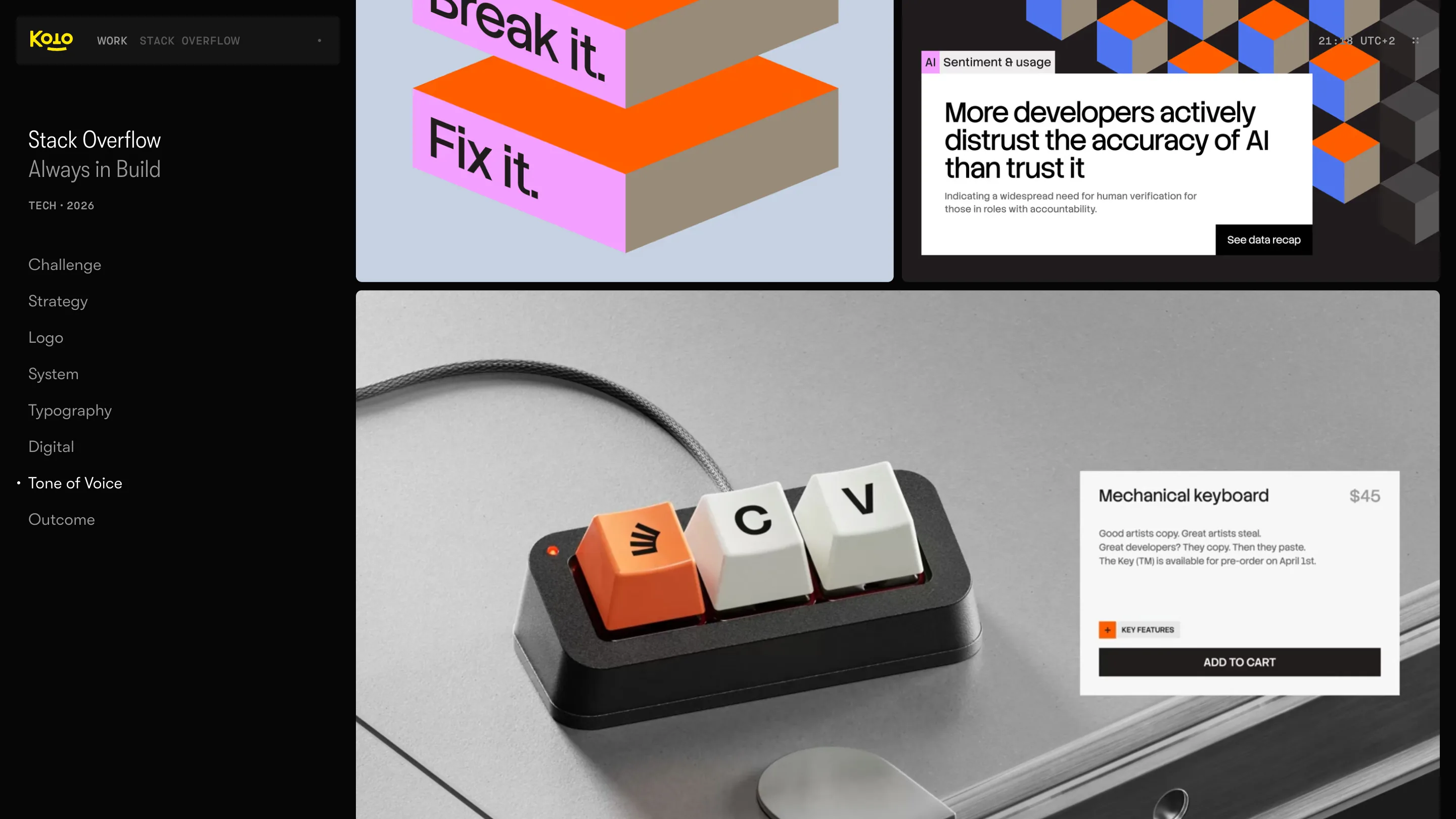 Stack Overflow rebrand panels: pink and orange isometric blocks reading Break it. Fix it., a data card stating developers distrust AI accuracy, and a mechanical keyboard with a Stack Overflow keycap