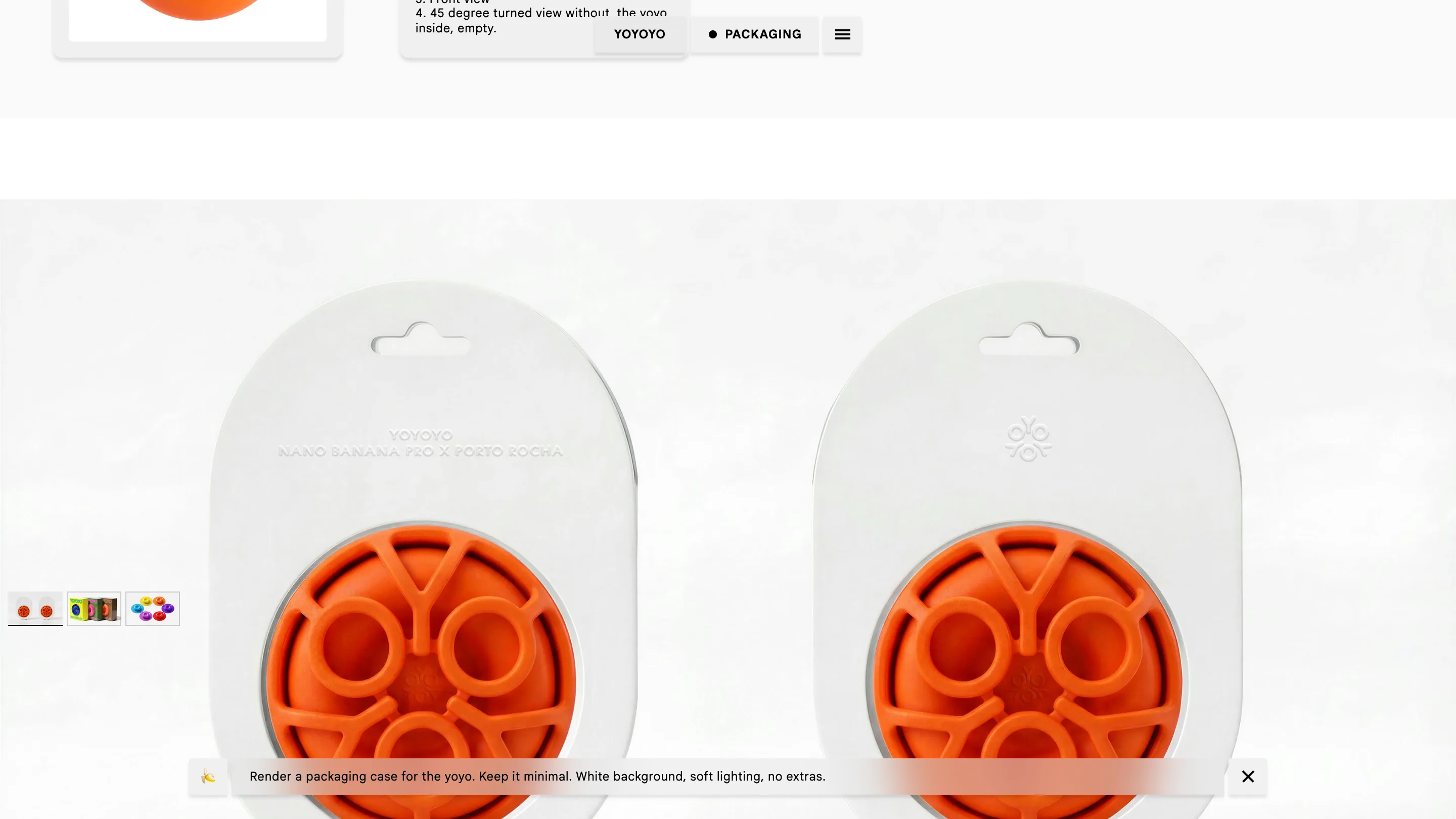 Two white blister packs holding the orange spoked yo-yo, with the typed prompt visible along the bottom of the page.
