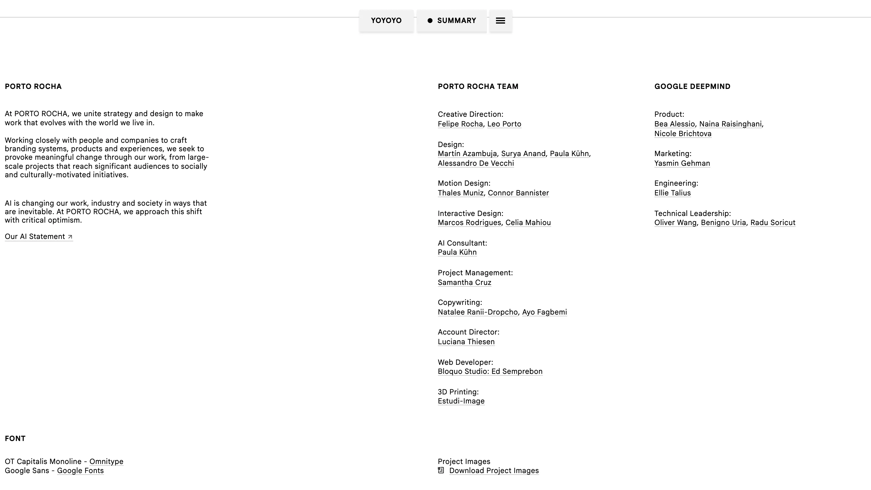 The YOYOYO credits page listing the Porto Rocha team and the Google DeepMind team in plain black type on white.