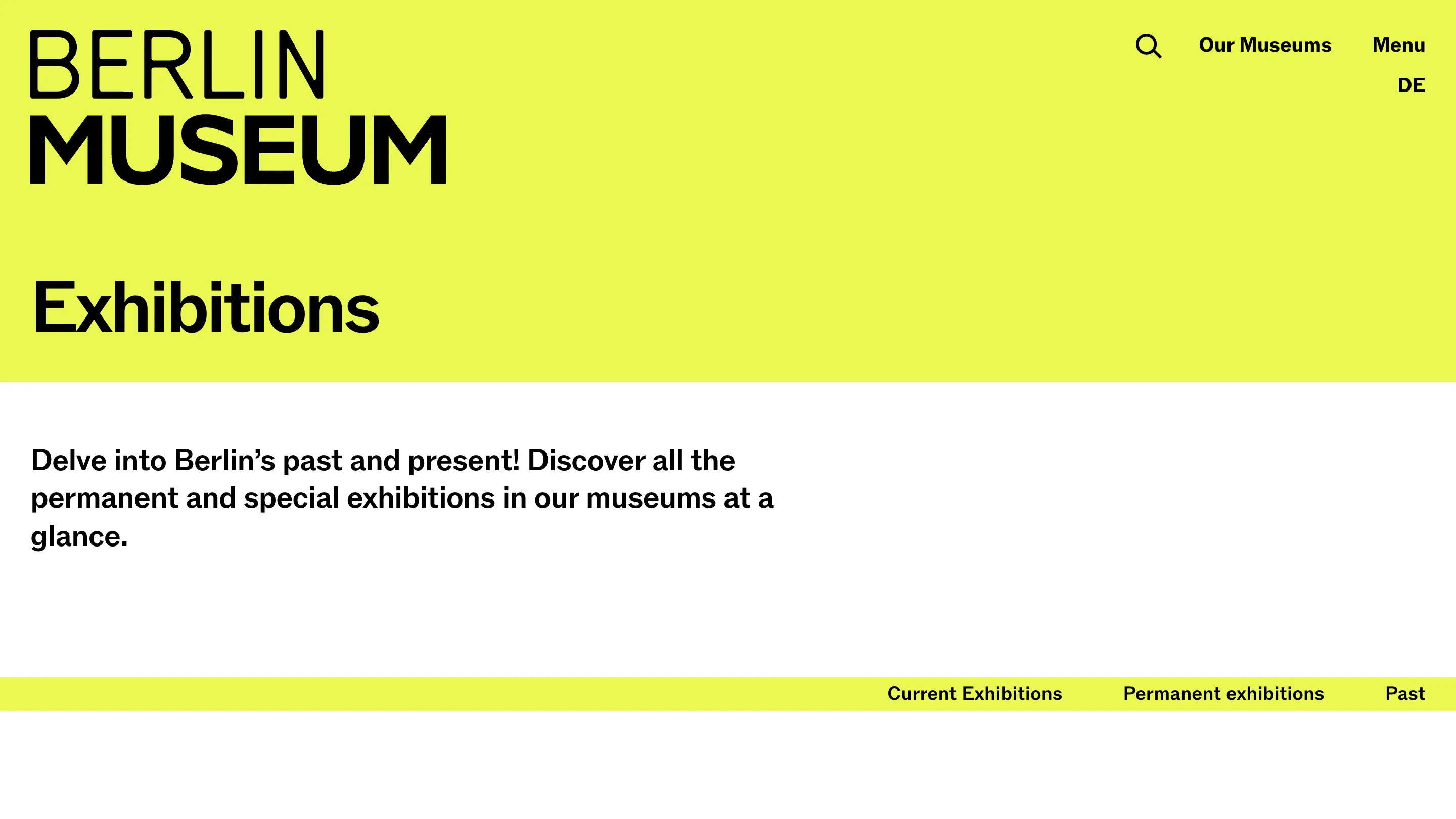 Berlin Museum exhibitions page: bold black BERLIN MUSEUM wordmark and the word Exhibitions on a full-bleed acid-lime background