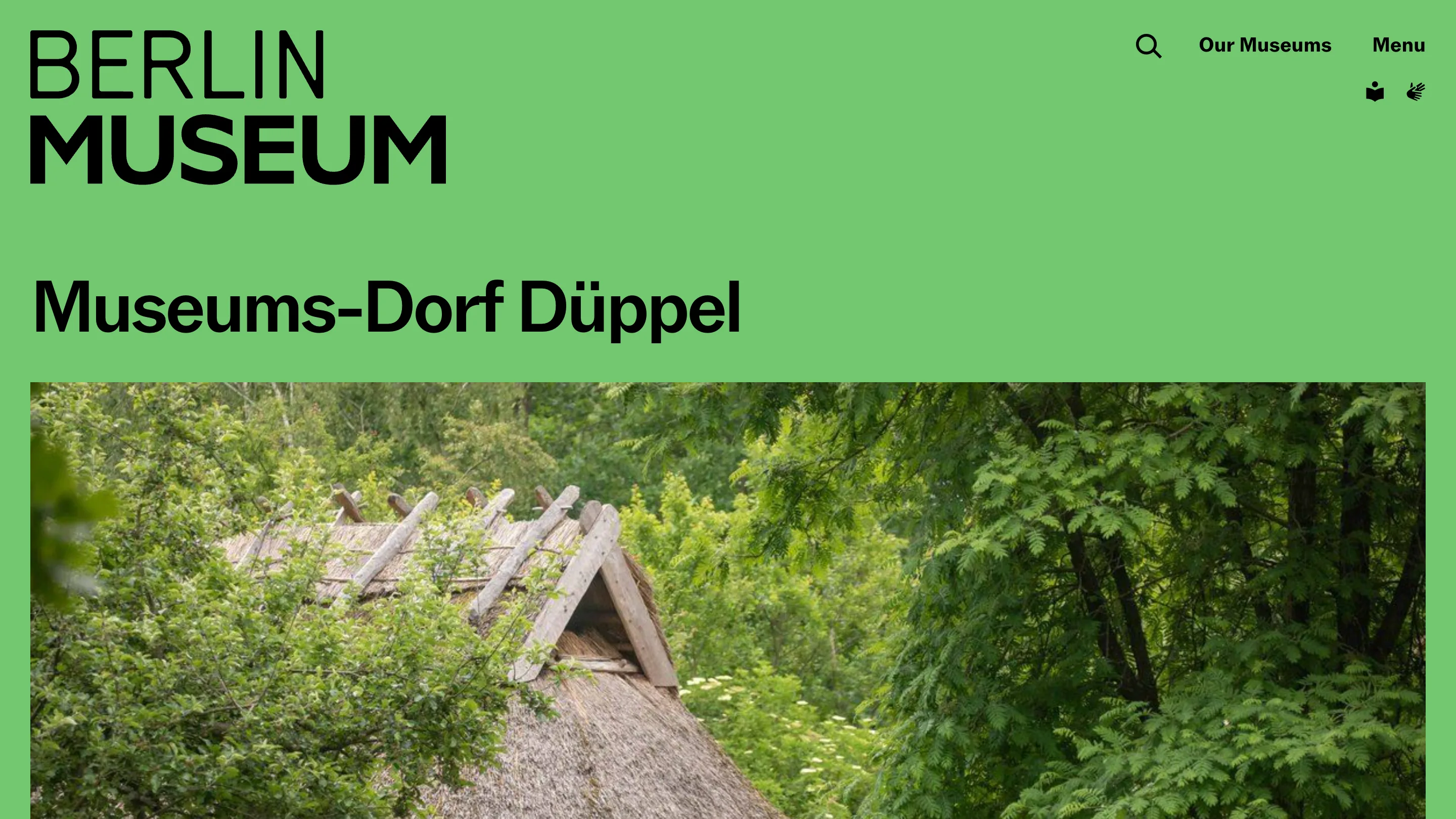 Berlin Museum page for Museums-Dorf Düppel: the BERLIN MUSEUM wordmark on a green field above a photo of a thatched-roof building in greenery