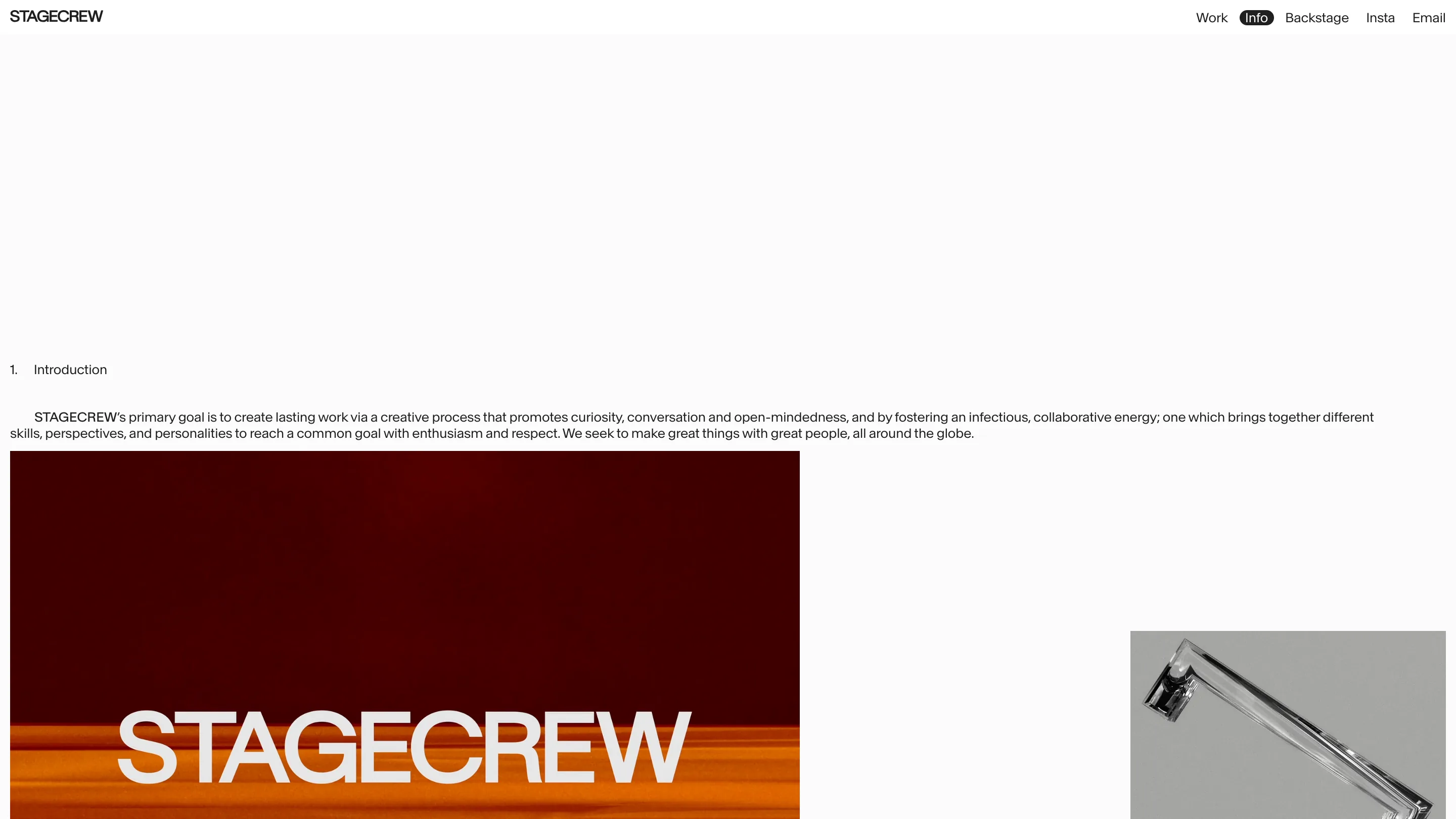 StageCrew's Info page: a numbered section heading reading 1. Introduction, an indented paragraph, and a dark red image with the STAGECREW logotype
