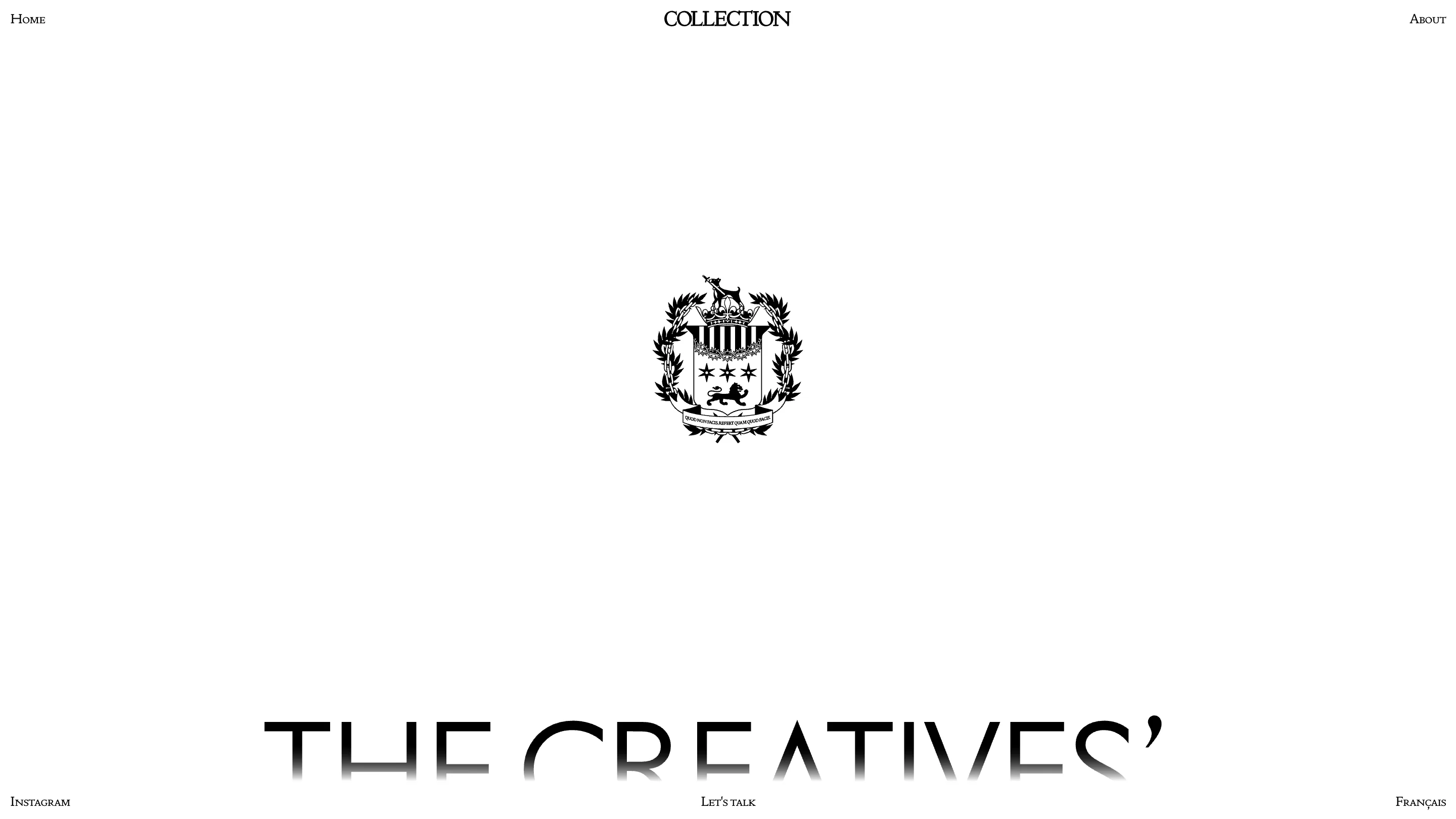 Collection's homepage: a heraldic crest centered on white, with navigation items pinned to the corners and the display headline rising from the bottom edge