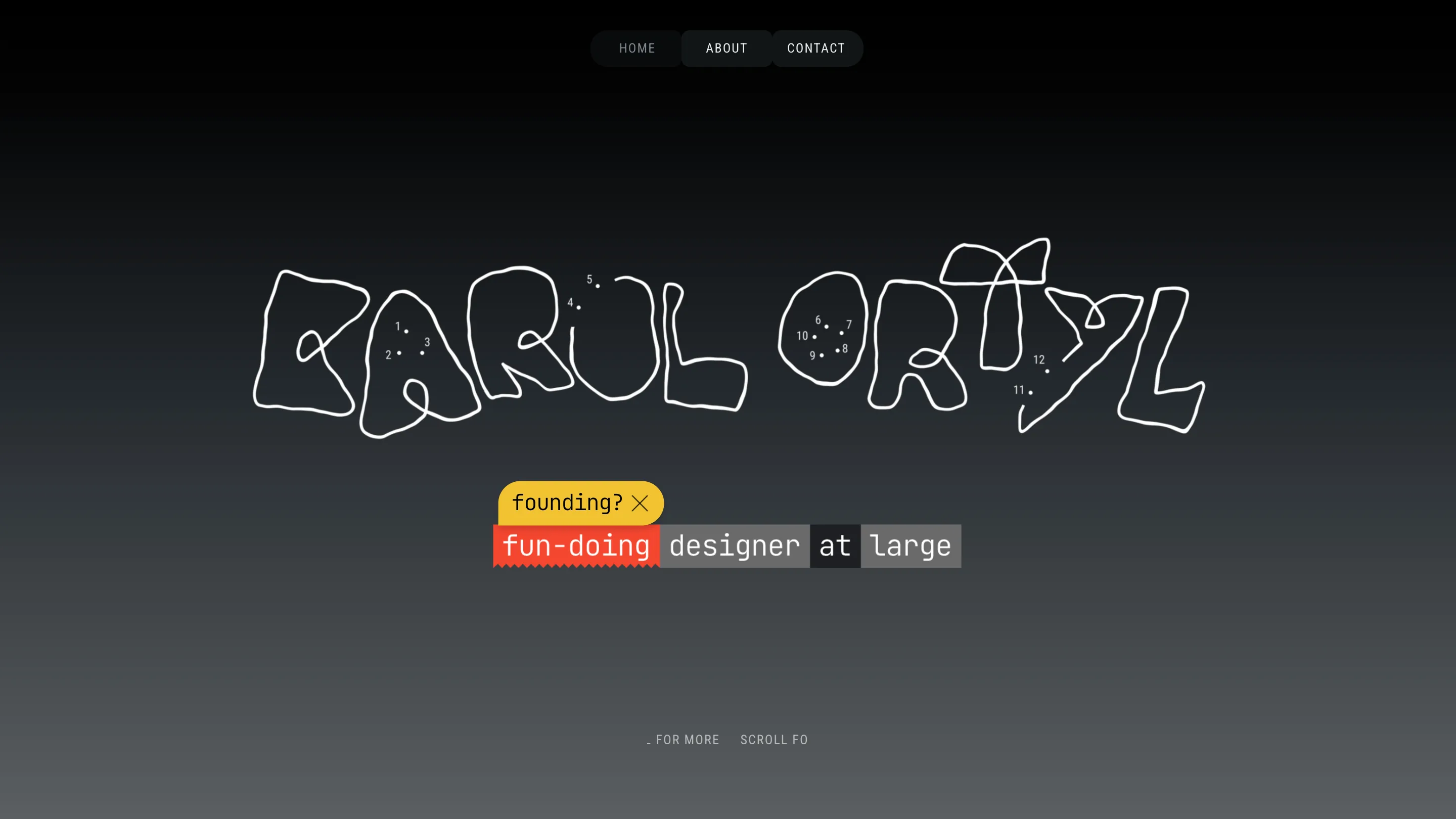 Karol Ortyl homepage hero: his name drawn as one hand-scribbled outline with twelve numbered connect-the-dots inside the letters, above a highlighter-marked line reading fun-doing designer at large, on a dark background