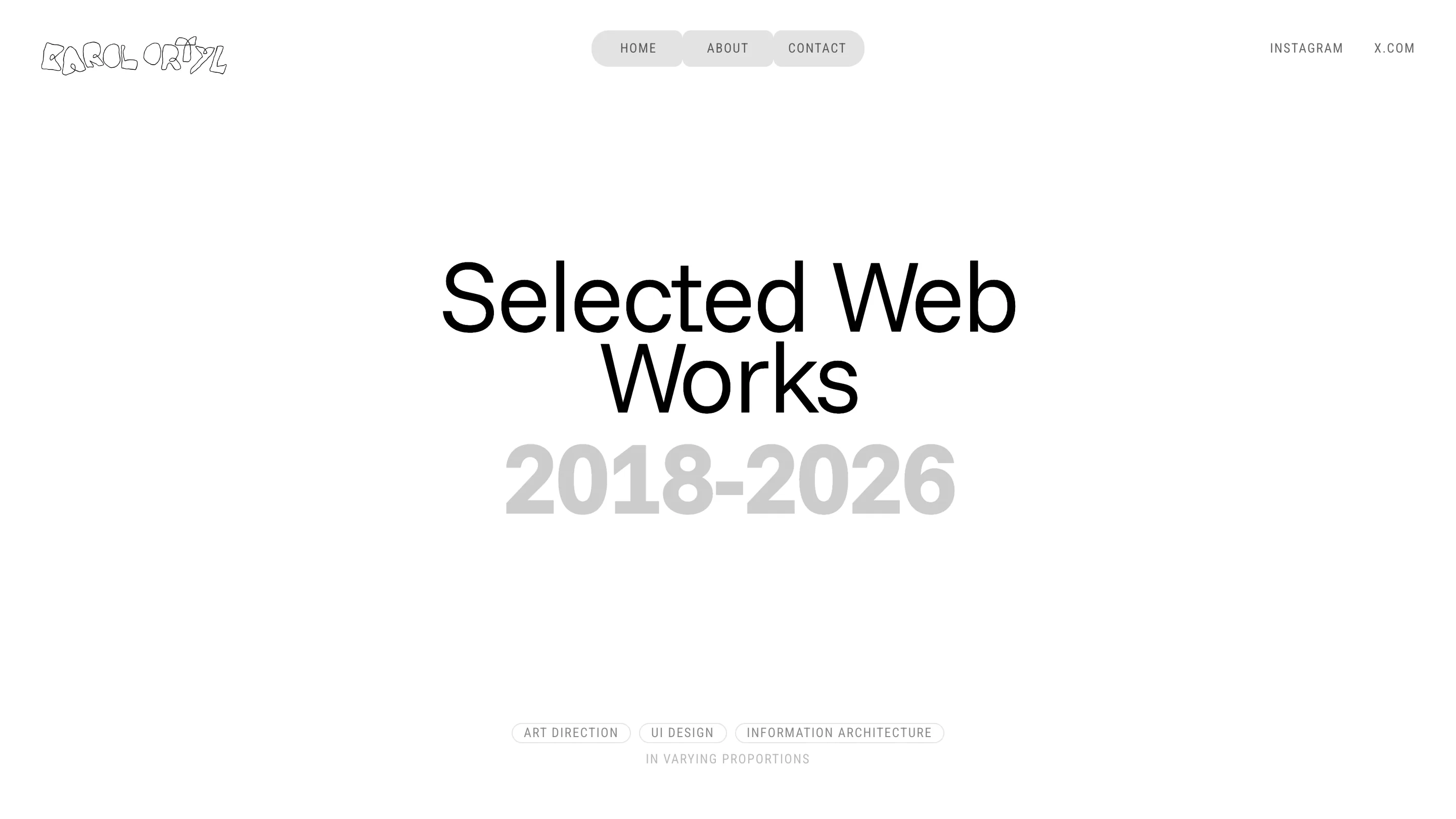 Selected Web Works divider: a black grotesk title over an oversized light-grey 2018-2026, with discipline chips along the bottom