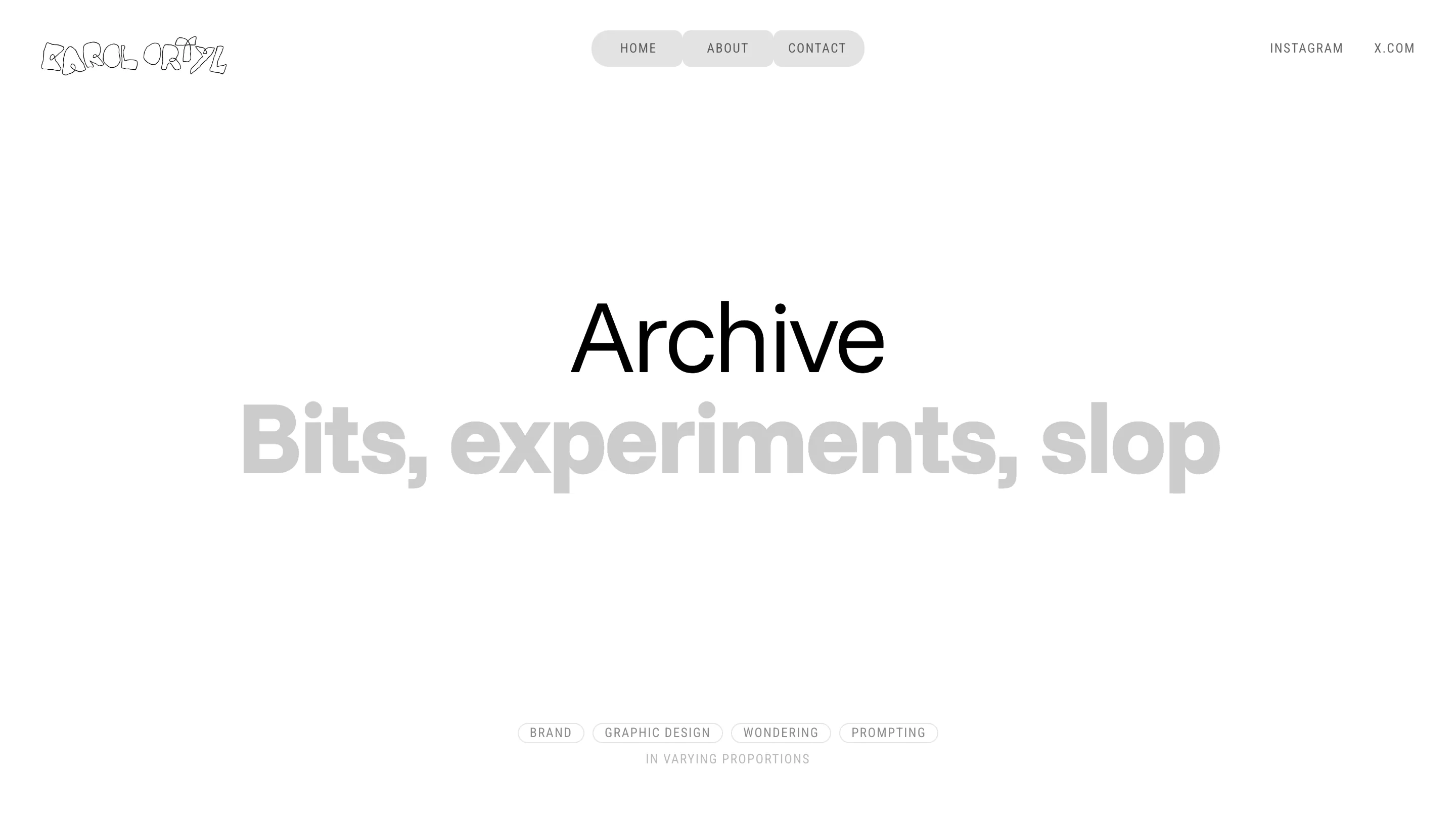 Archive divider: a black Archive title over an oversized light-grey subtitle reading Bits, experiments, slop