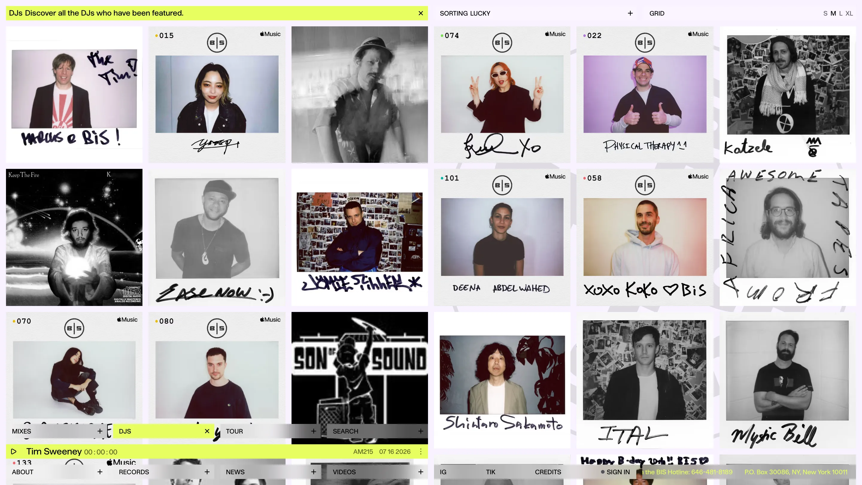 The Beats in Space DJs panel: a grid of scanned Polaroids of guest DJs, each signed by hand in marker