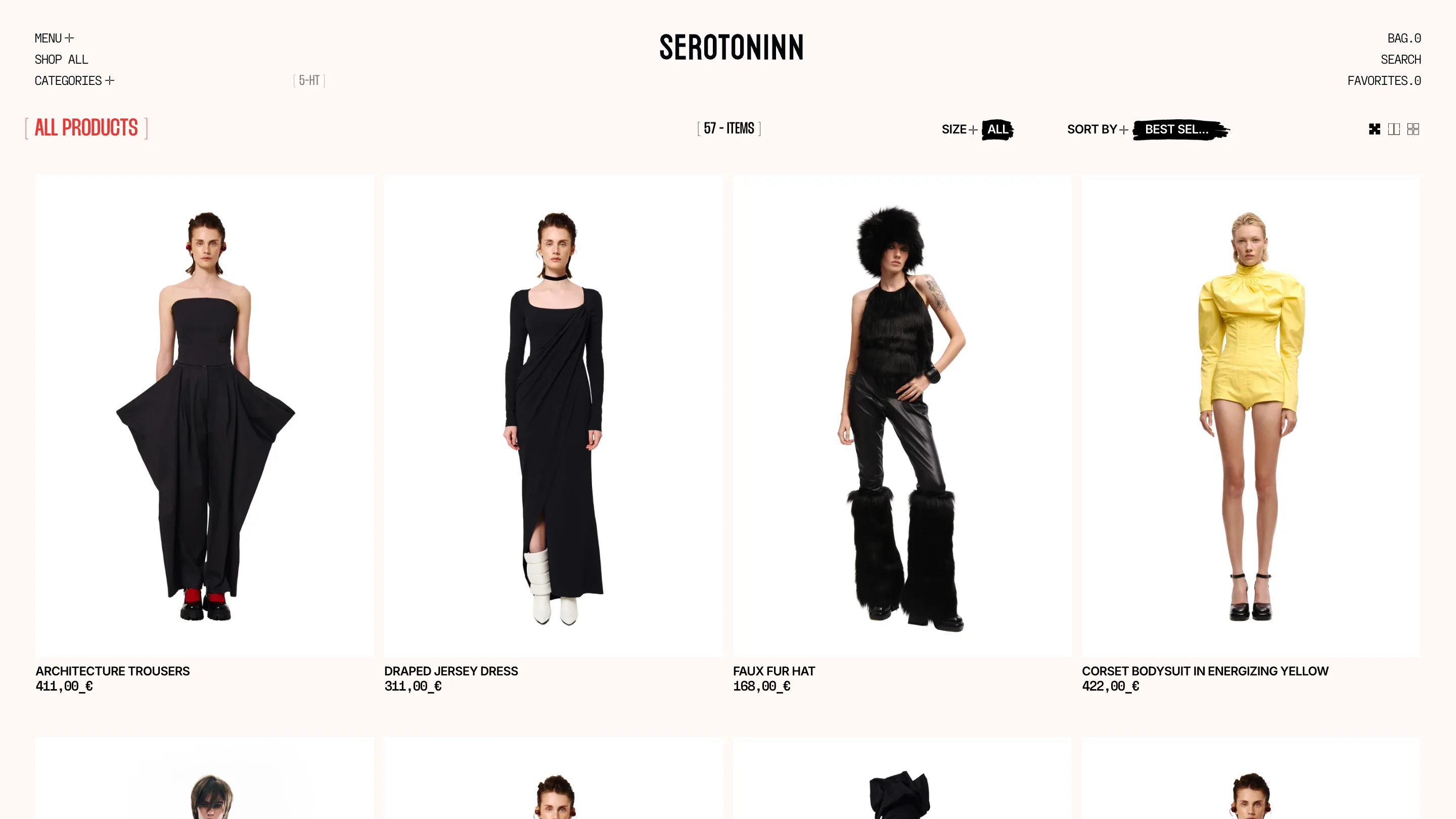 Serotoninn catalogue page: a four-up product grid on a cream background with bracketed labels reading ALL PRODUCTS and 57 items, and black marker scribbles behind the SIZE and SORT BY values.