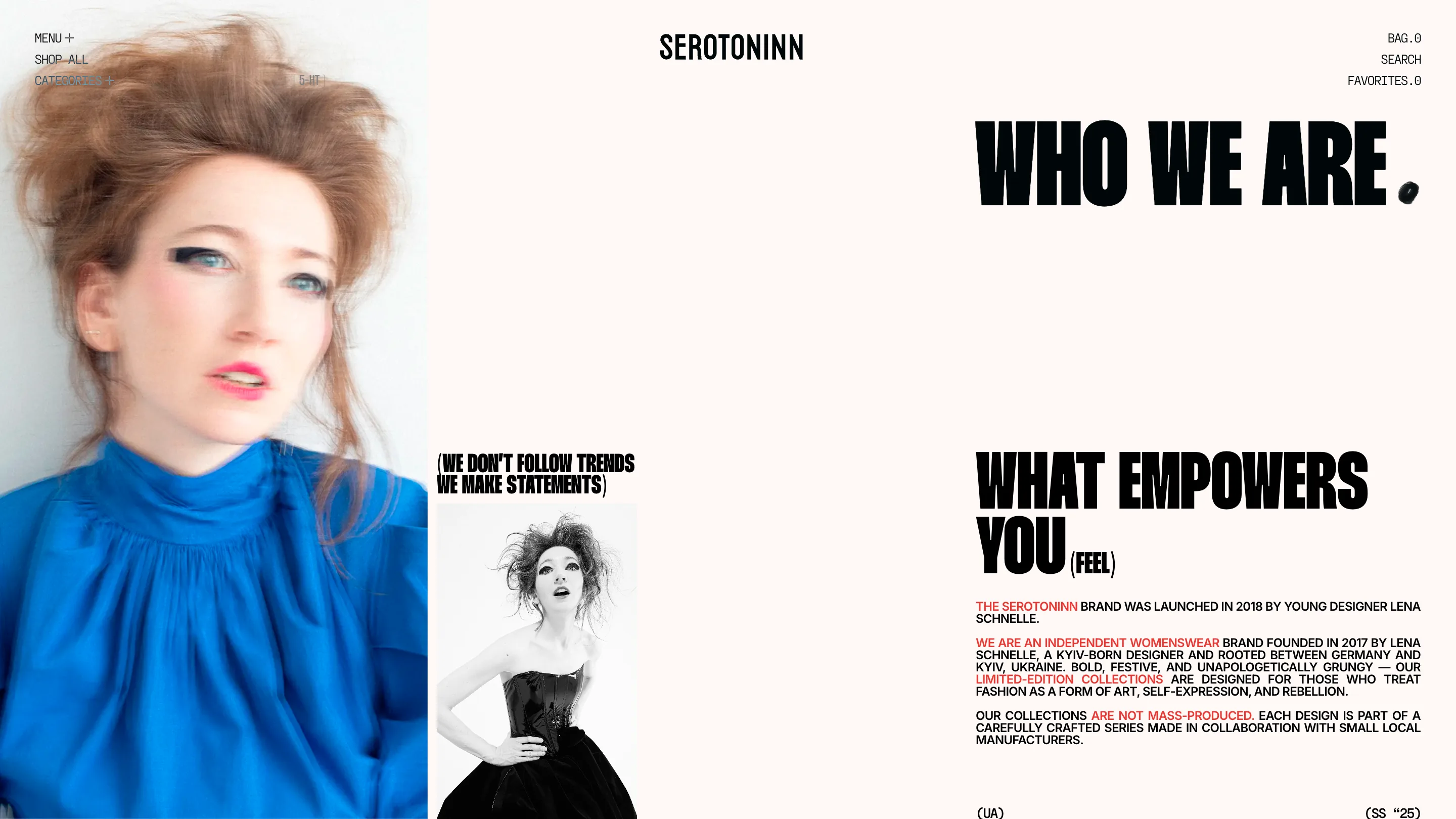 Serotoninn about page: a blurred blue-toned portrait on the left, huge condensed headline WHO WE ARE with a blob full stop, and justified body copy with phrases highlighted in red.