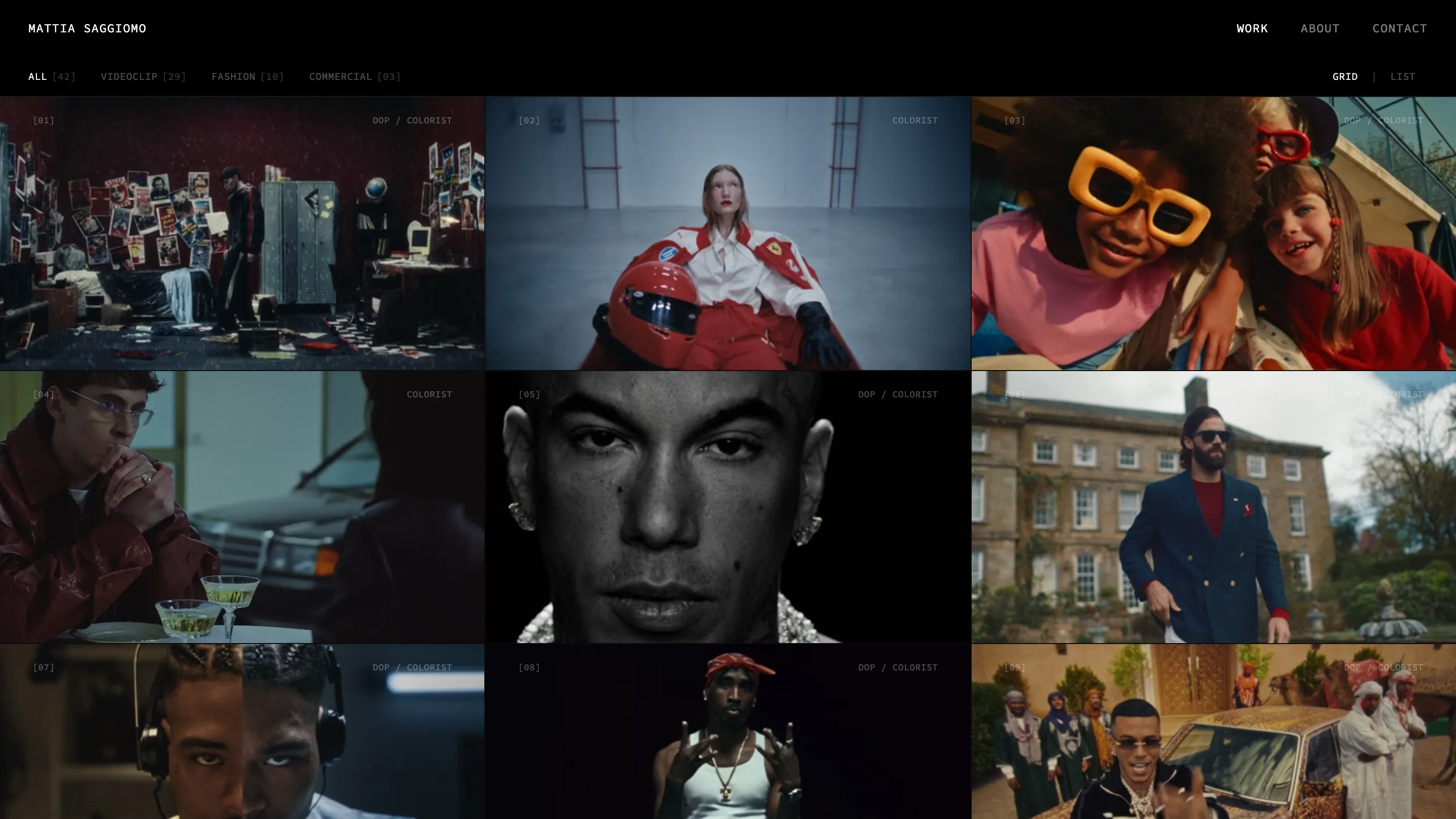 Mattia Saggiomo work page: a tight three-column grid of video stills, each numbered and tagged with a role