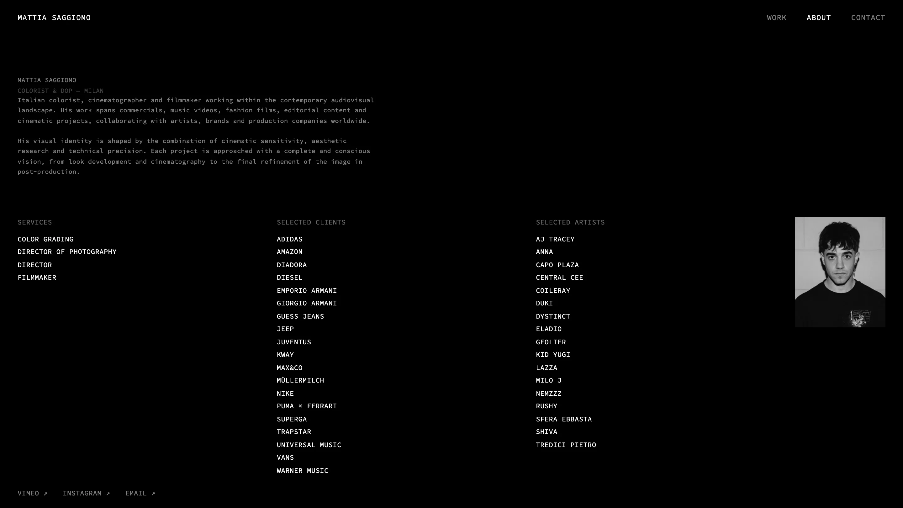 Mattia Saggiomo about page: black background, three monospace columns listing services, clients and artists, with a small black-and-white portrait