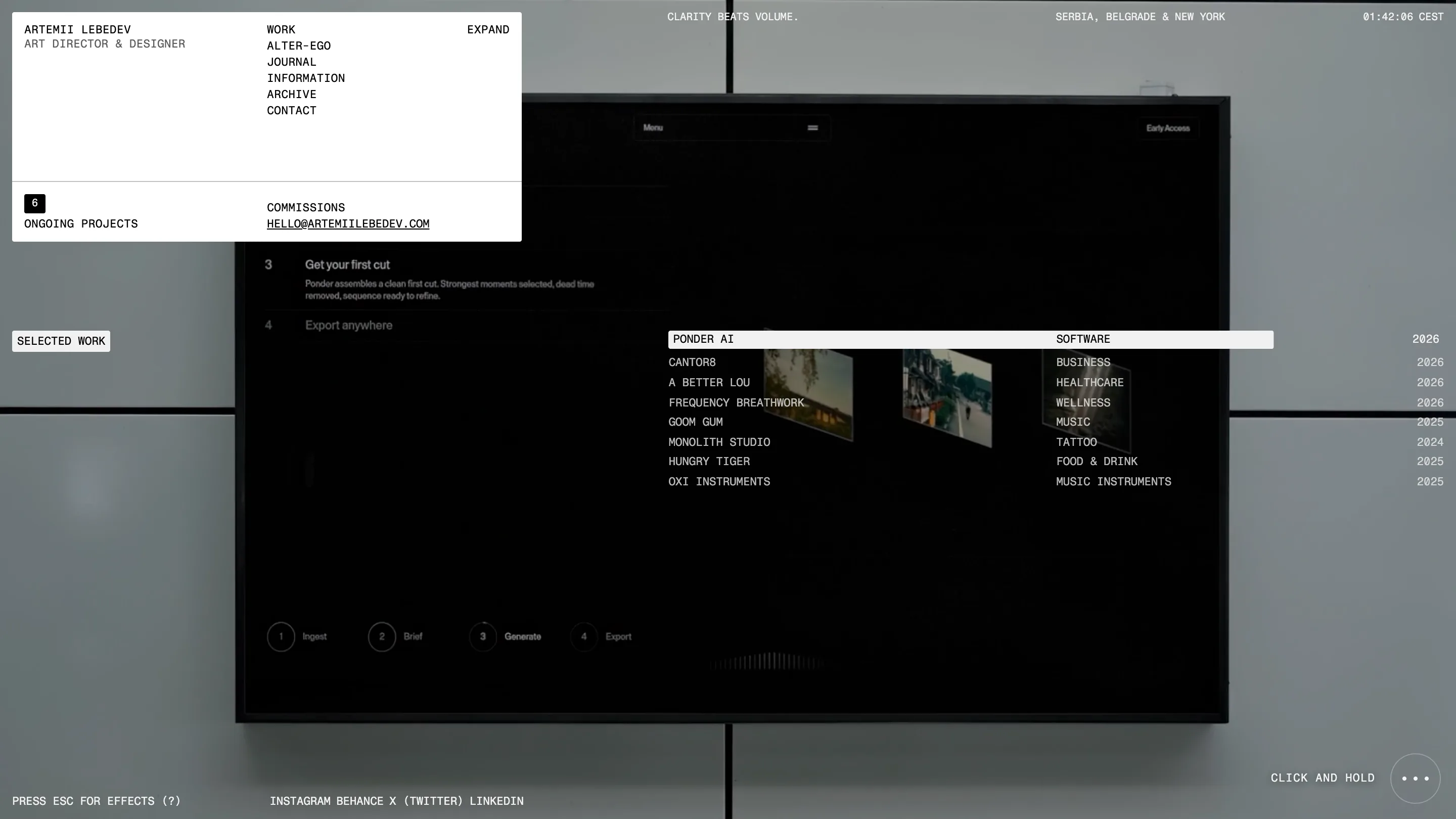 Artemii Lebedev's homepage: a white monospace index card top-left over a dark screen showing a Ponder AI software mockup, with a project list, a live CEST clock, a location line, and 'PRESS ESC FOR EFFECTS' pinned at the bottom.