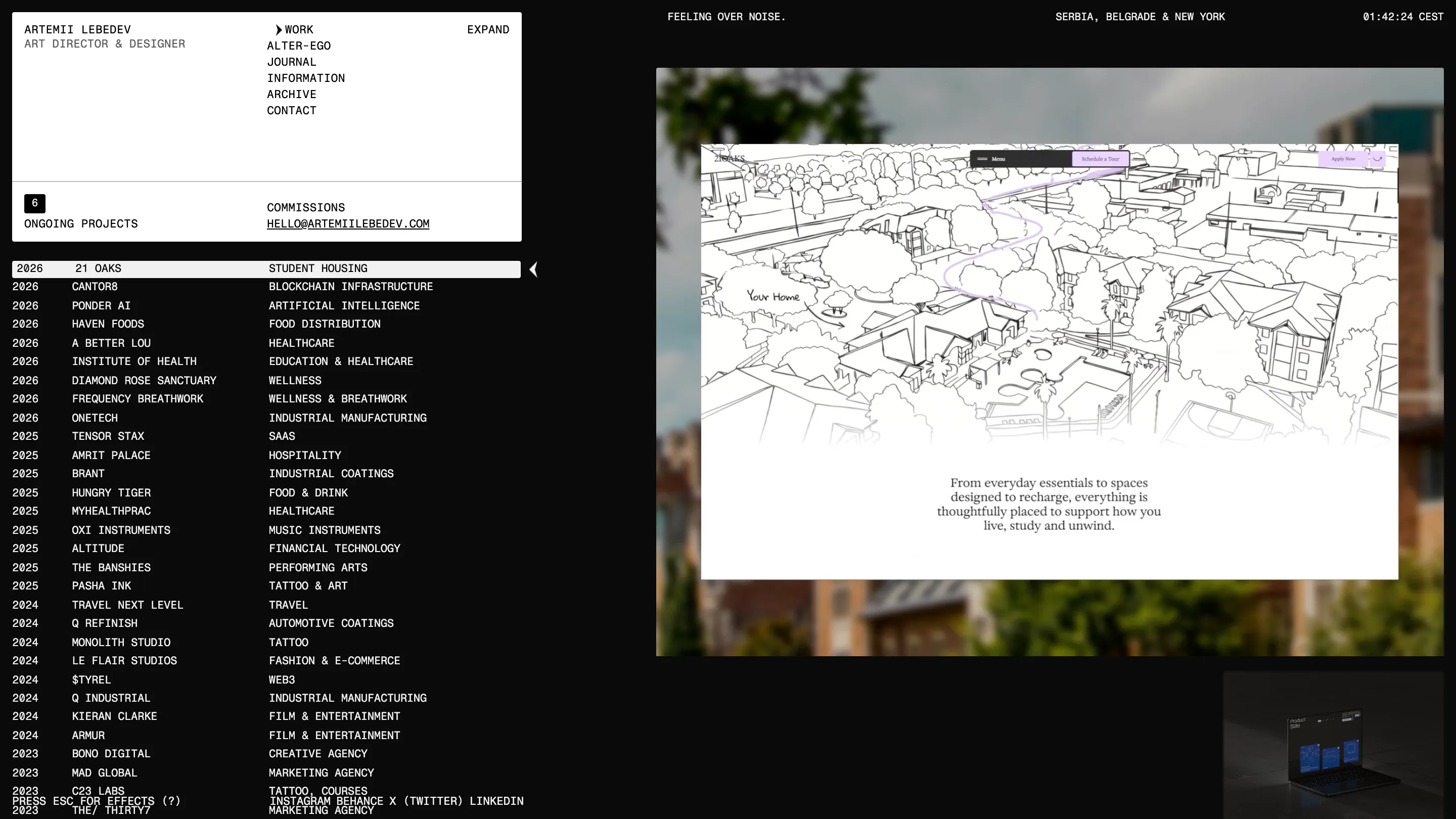 The Work page: a two-column monospace index of every project by year, name, and industry, with a hovered 21 Oaks preview, a hand-drawn line map of a housing block, rendered on the right.