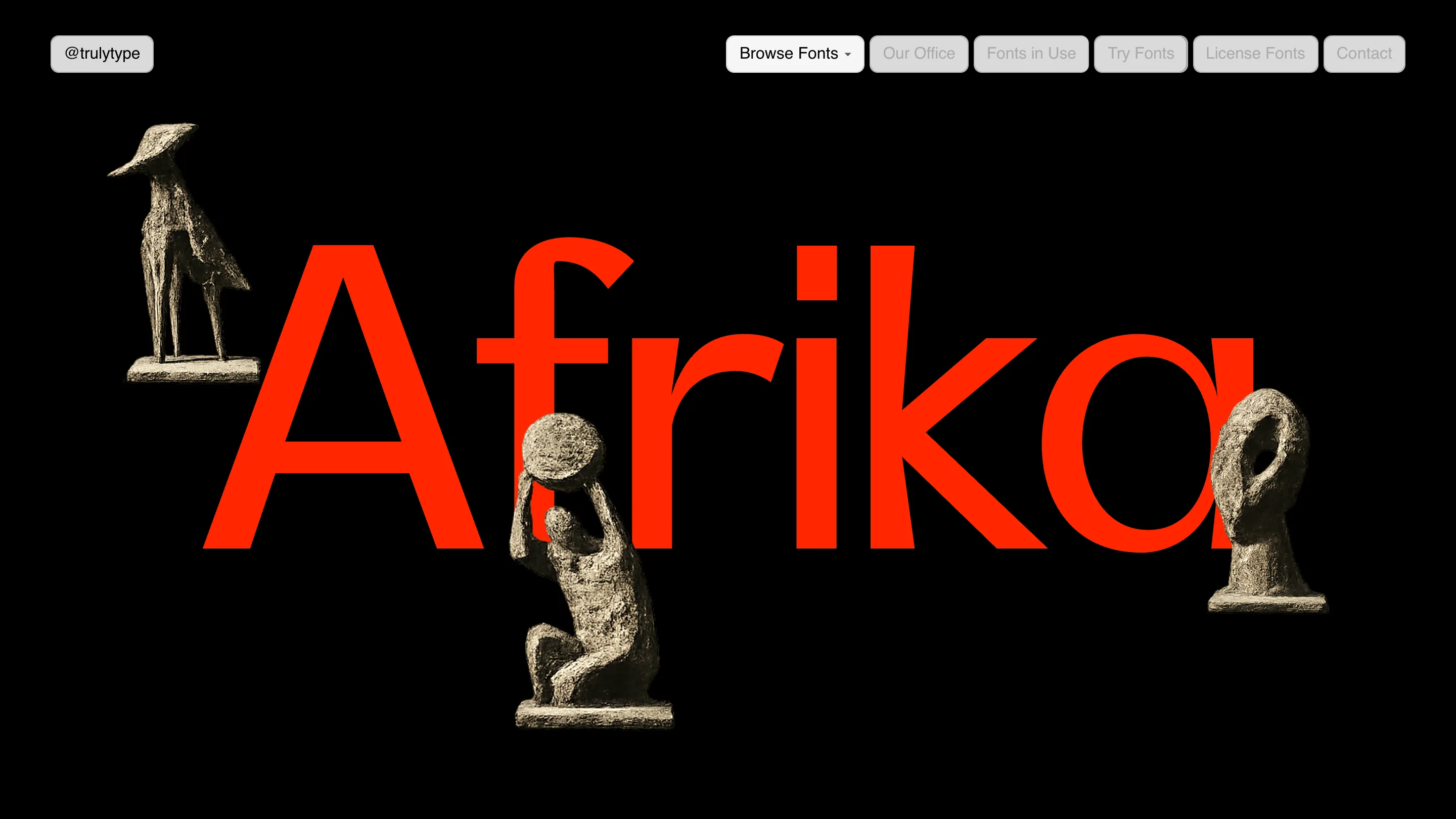 Afrika Sans specimen page: the word Afrika in large red type on black, surrounded by bronze African figure sculptures.