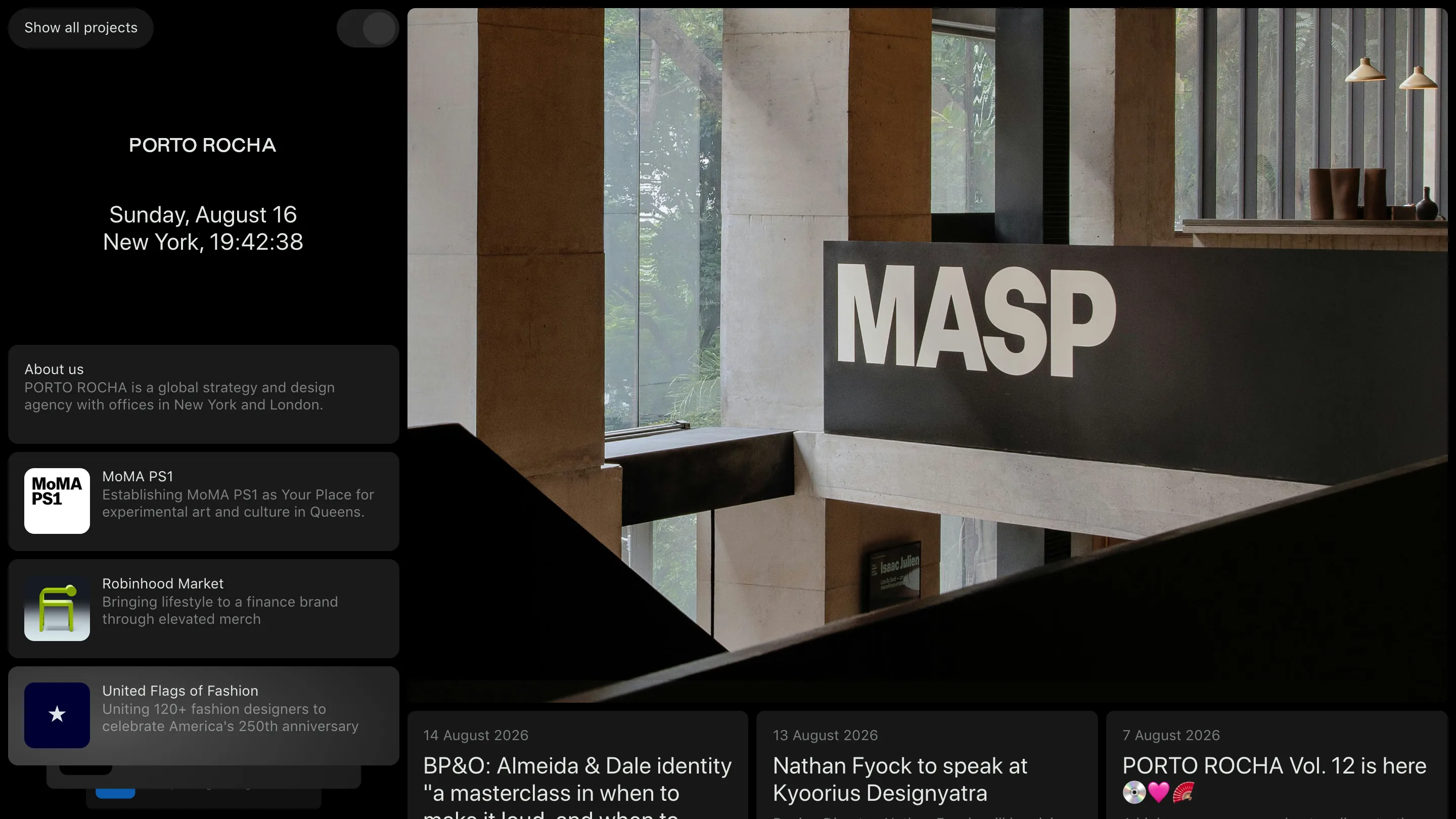 Porto Rocha's homepage: a fixed left rail with the wordmark, a live New York clock, and stacked project cards, beside a full-bleed photo of the MASP museum interior
