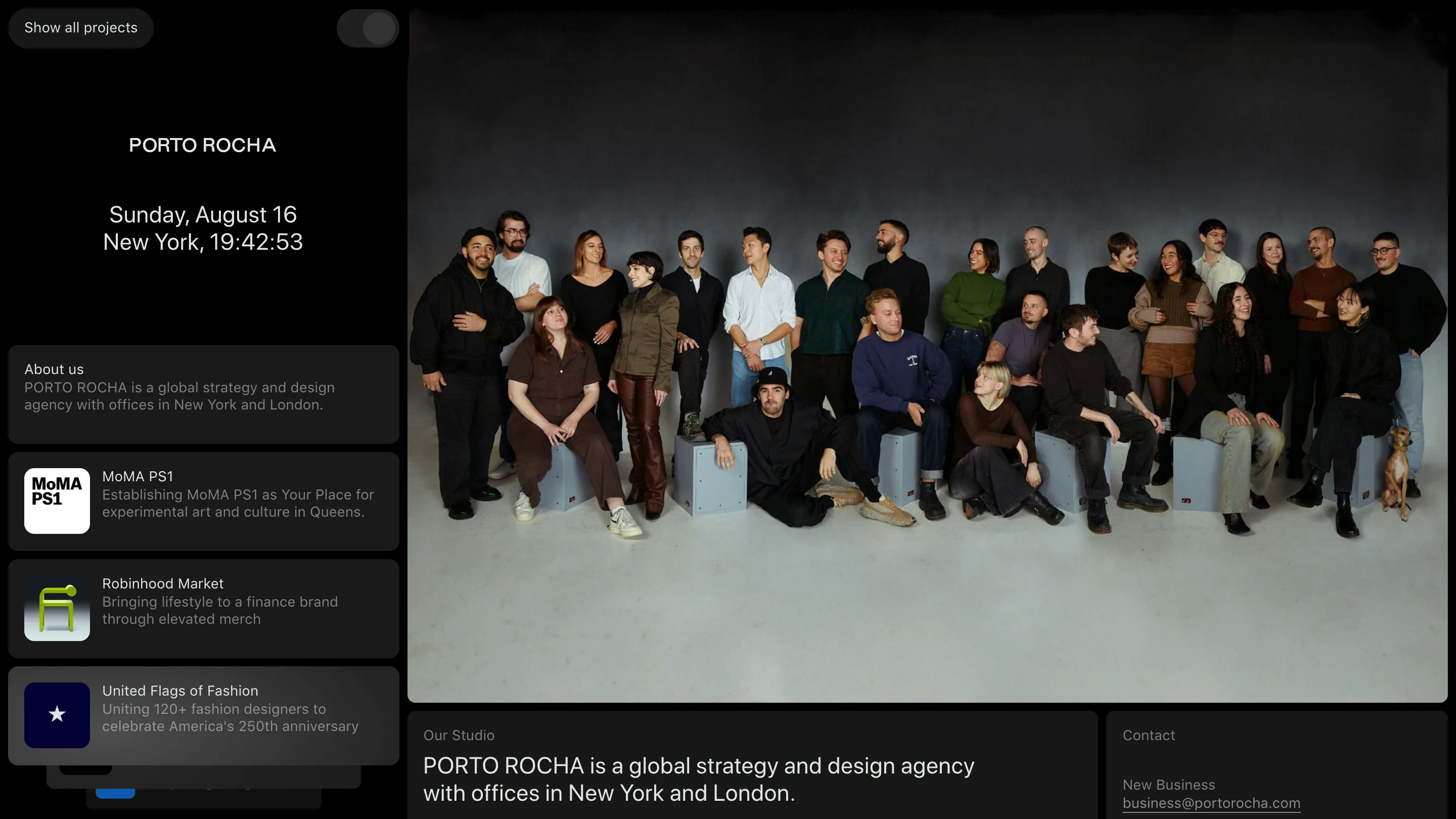 Porto Rocha's about page: the fixed left rail beside a full-width photo of the studio team on a gray backdrop