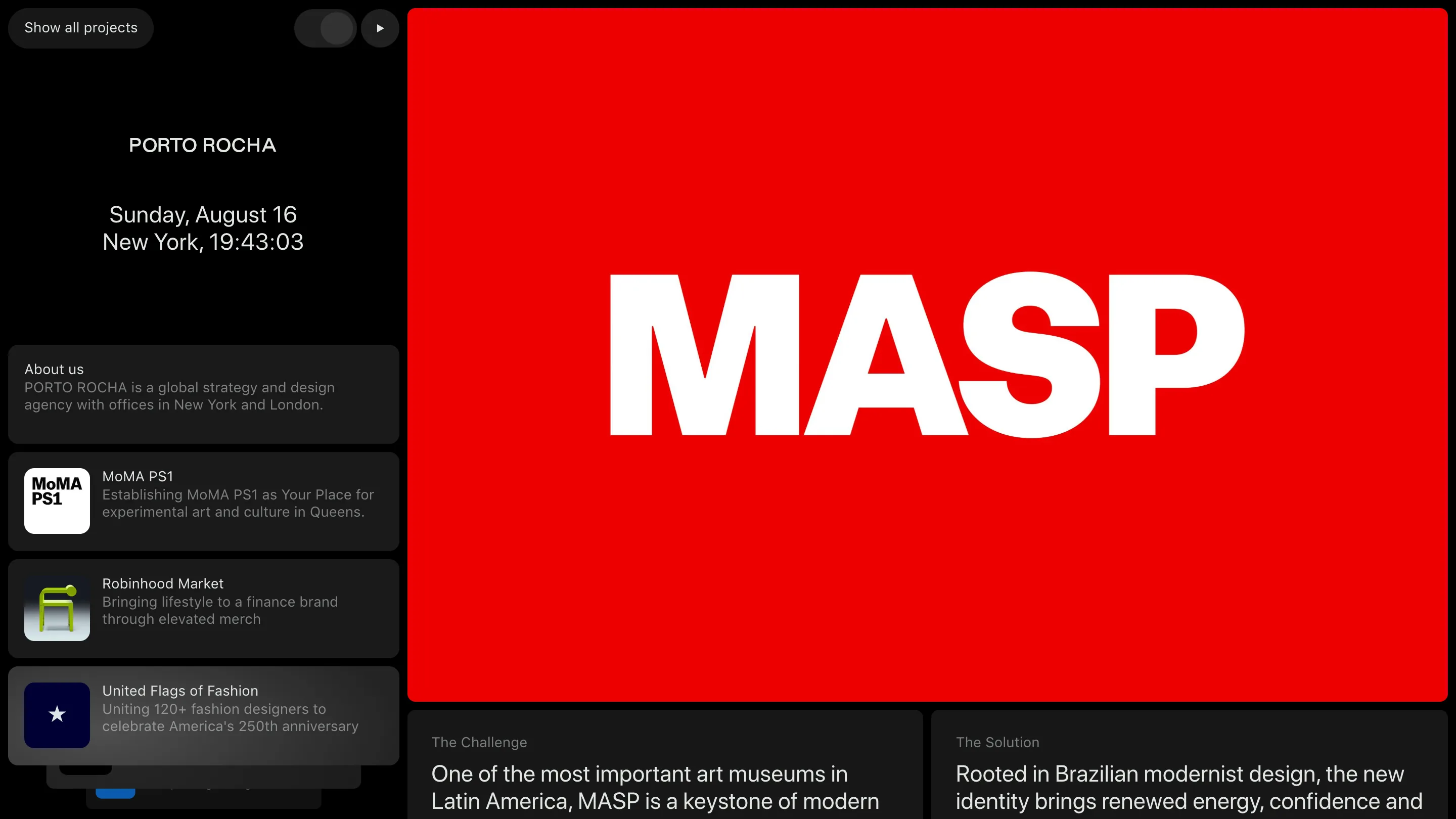 Porto Rocha's MASP project page: a full red panel with the word MASP set huge in white, and Challenge and Solution text columns below