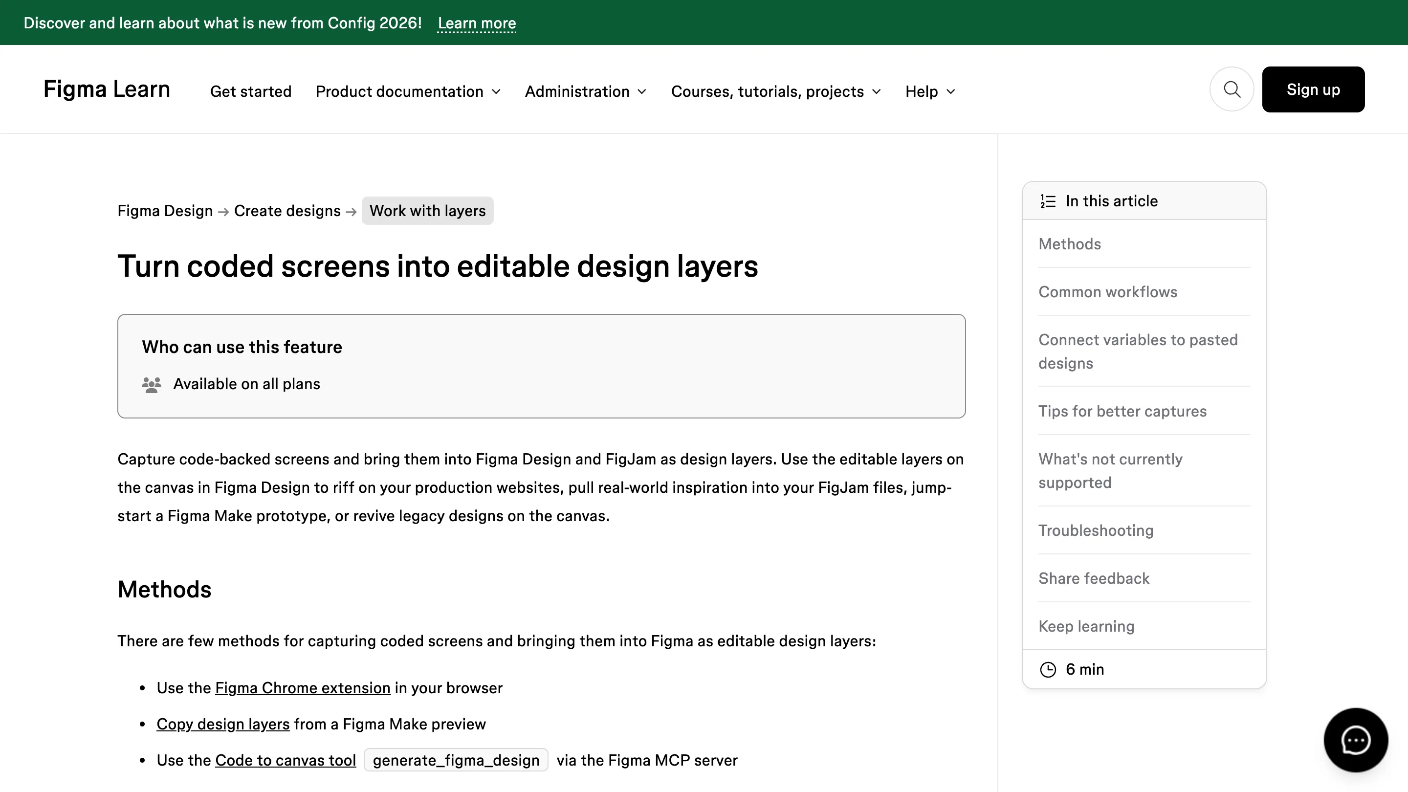 Figma Learn help page titled Turn coded screens into editable design layers, showing the three capture methods and a sidebar of article sections