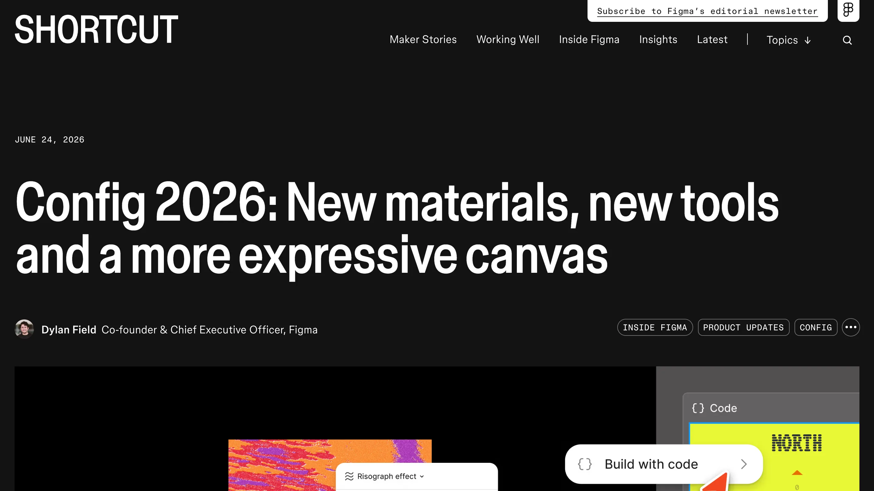 Figma's Shortcut blog on black, headline Config 2026: New materials, new tools and a more expressive canvas, bylined Dylan Field