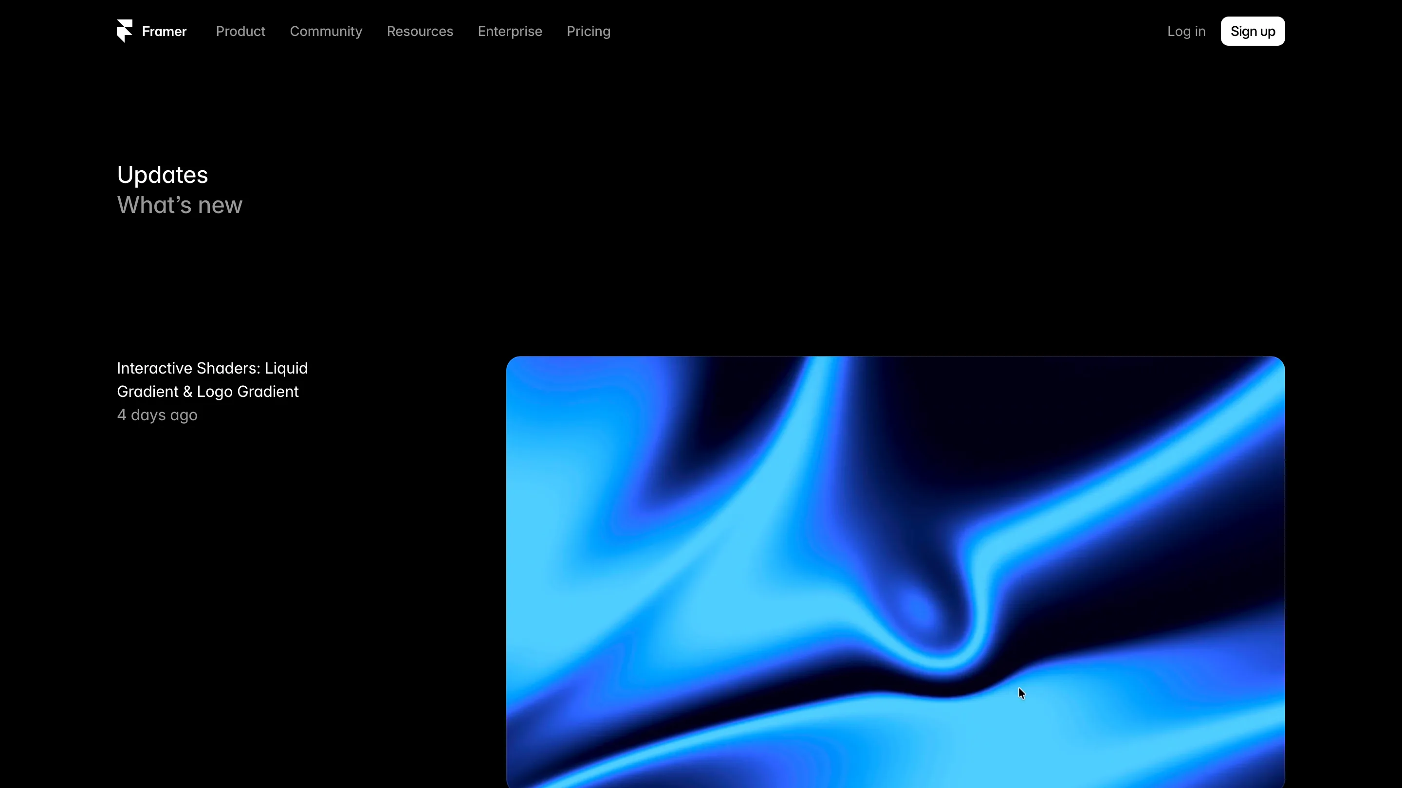 Framer's Updates page on black, showing the Interactive Shaders entry for Liquid Gradient and Logo Gradient next to a large blue liquid gradient with the cursor visible inside it.