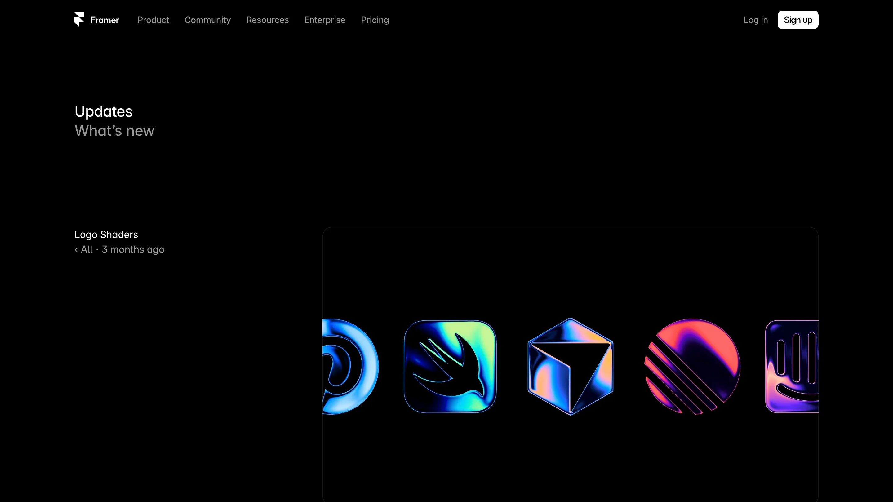 Framer's Logo Shaders update page: a row of logo marks on black, including the Swift bird, a wireframe cube and a striped disc, each rendered with iridescent chrome gradients.