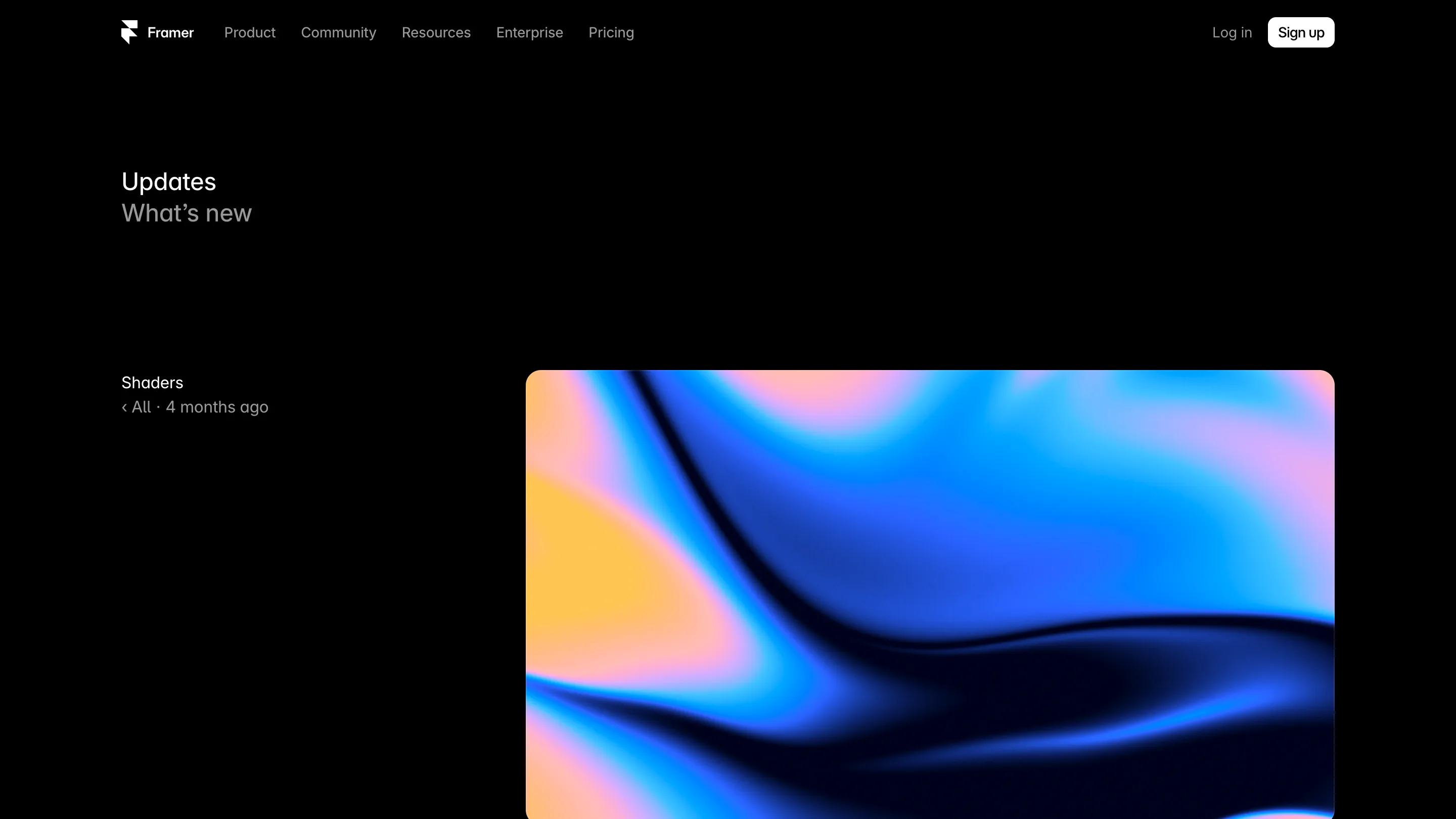 Framer's Shaders update page: a full-bleed gradient field folding orange into blue and pink against a black layout.