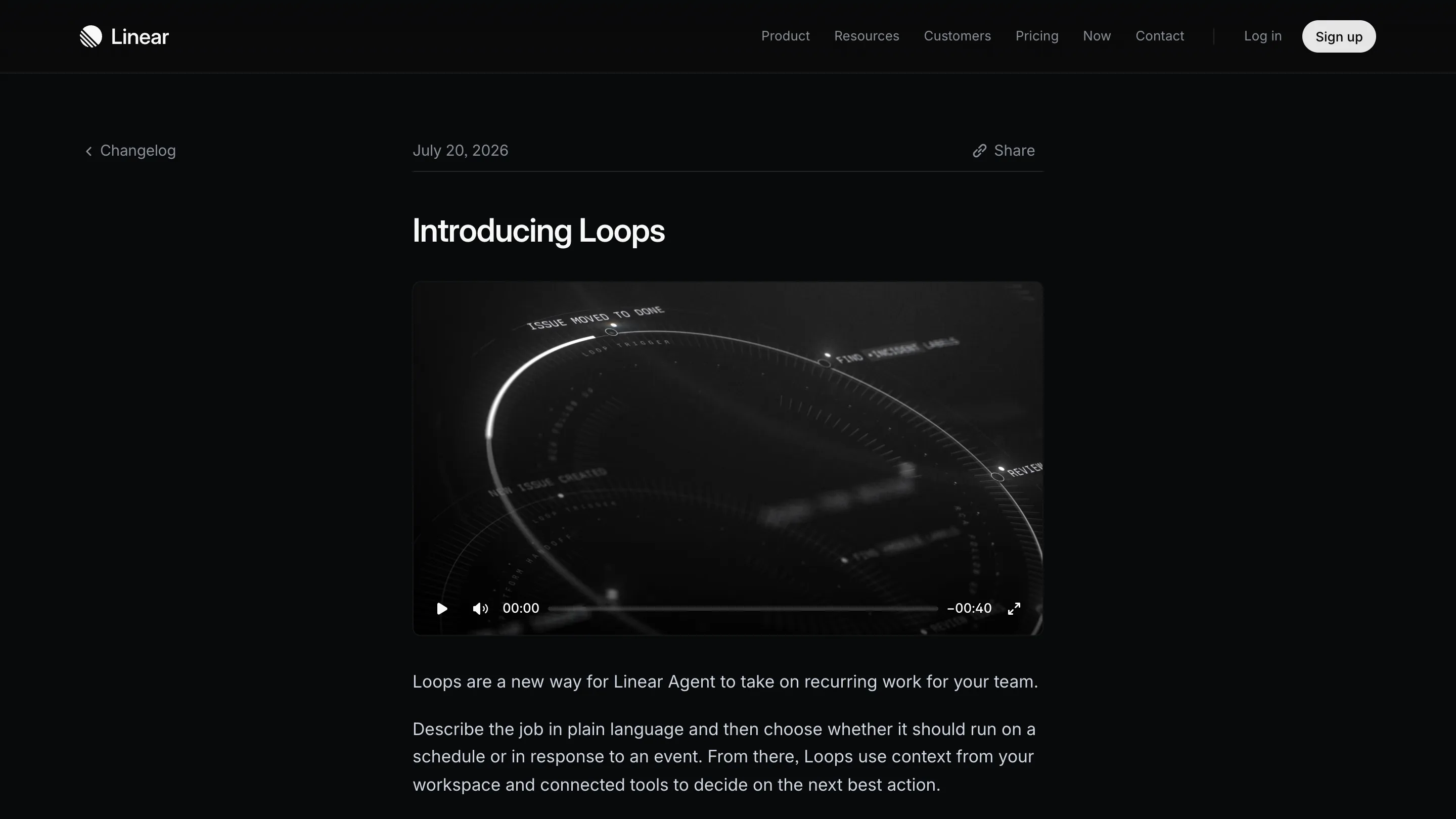 Linear's Introducing Loops changelog entry dated July 20, 2026, with a dark video of a rotating dial engraved with event labels