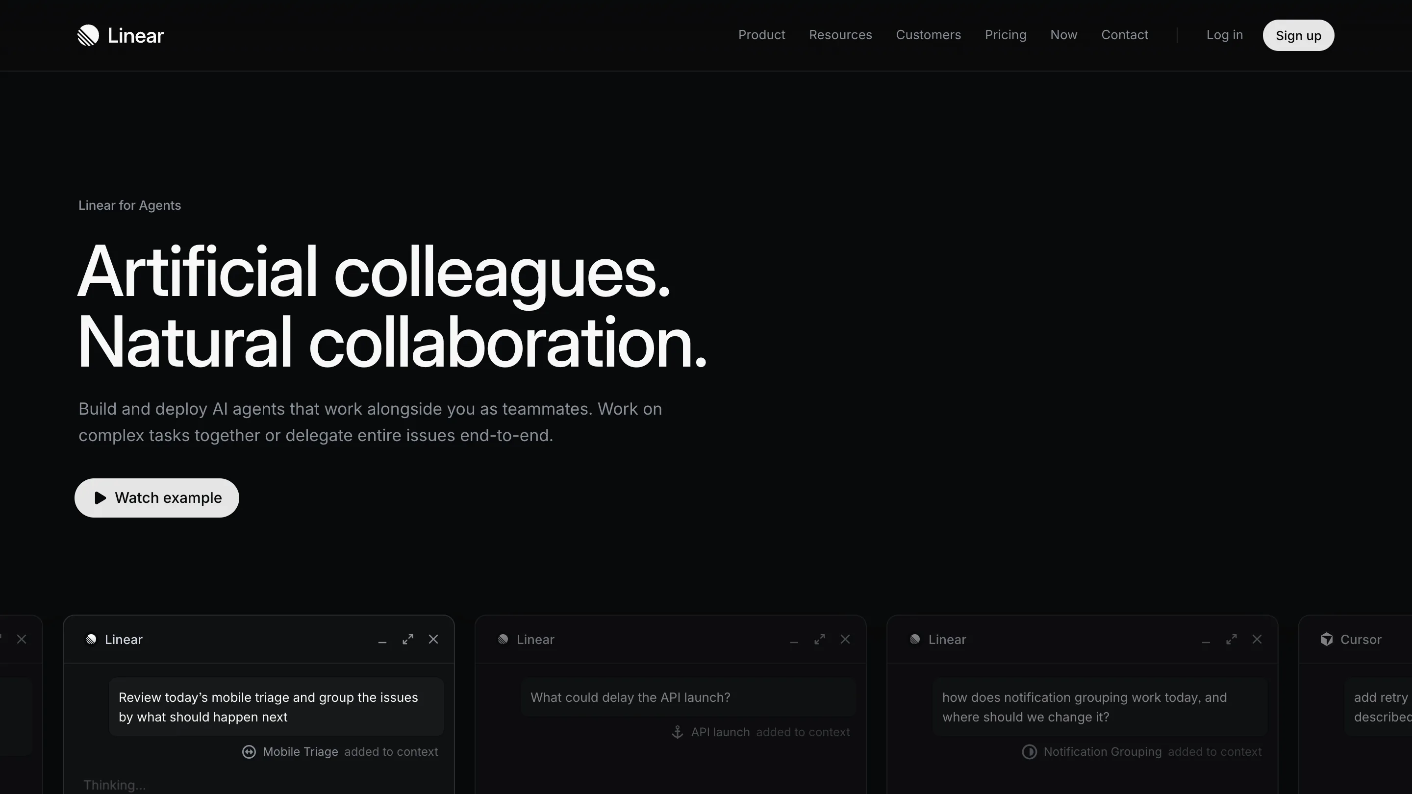 Linear's agents page: the headline Artificial colleagues, Natural collaboration in large white type on black, with agent prompt cards below