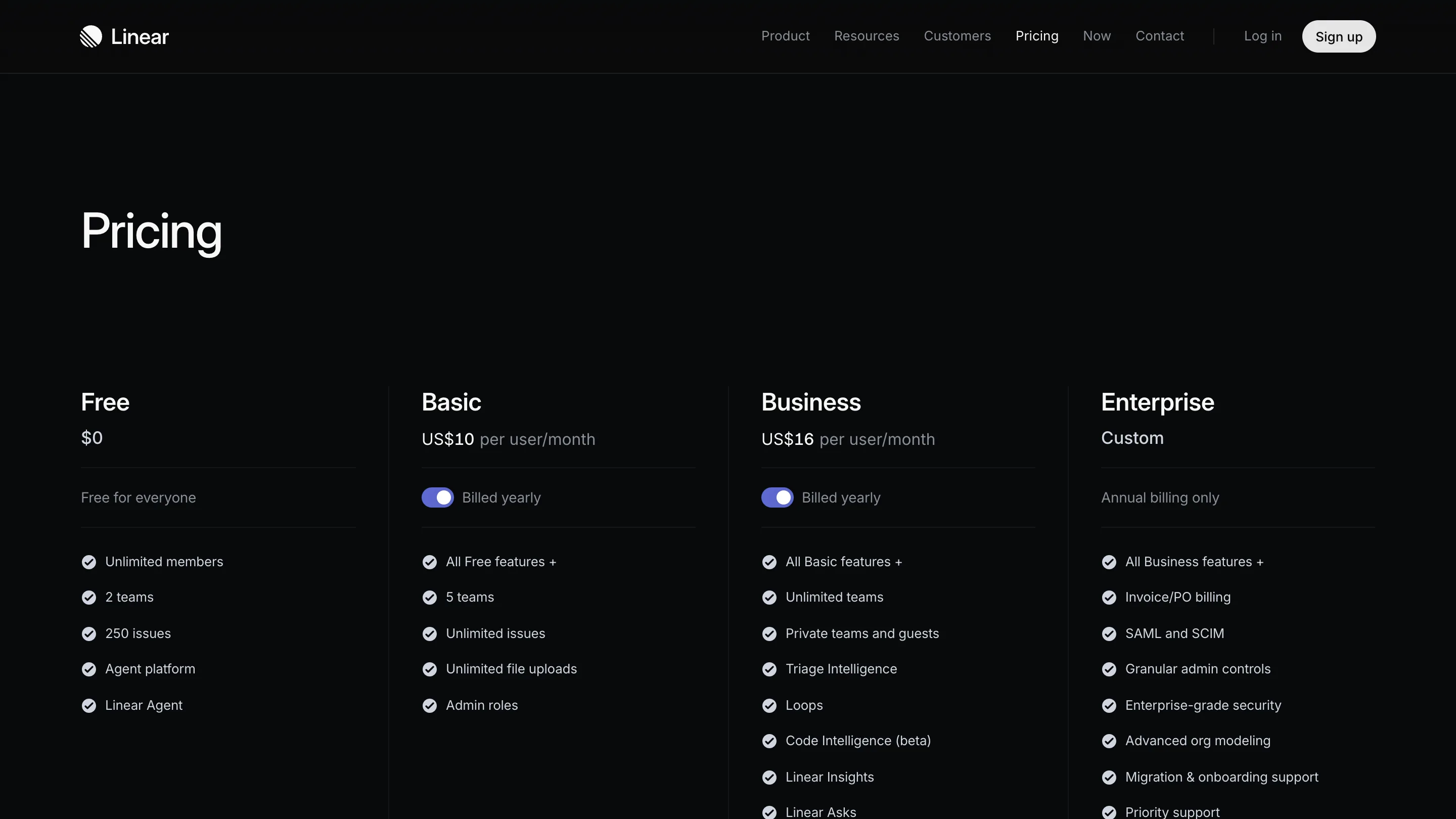 Linear pricing page showing Free, Basic at US$10, Business at US$16 with Loops in its feature list, and Enterprise
