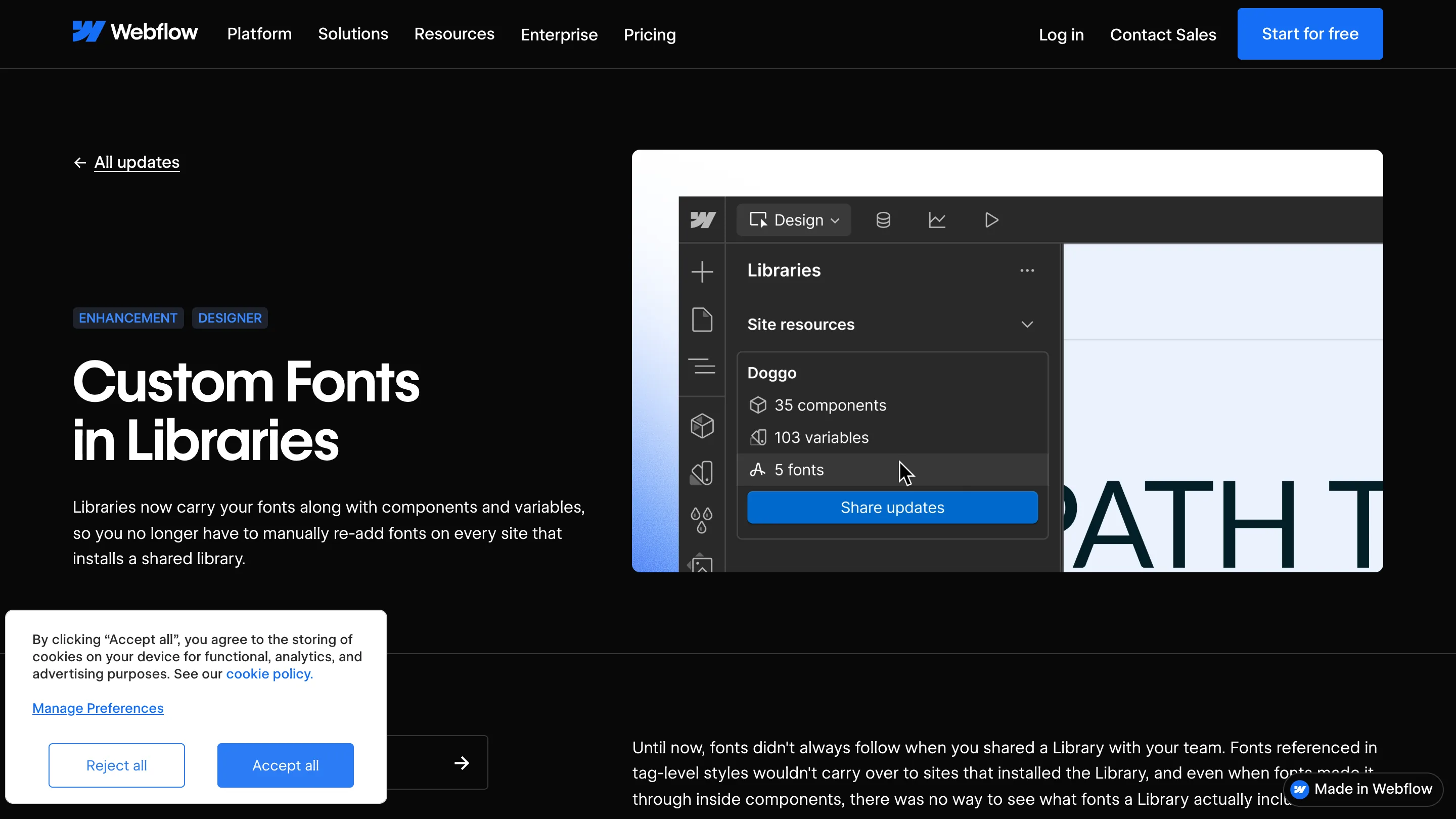 Webflow's Custom Fonts in Libraries release page, with the Designer's Libraries panel showing a Library called Doggo listing 35 components, 103 variables and 5 fonts above a blue Share updates button