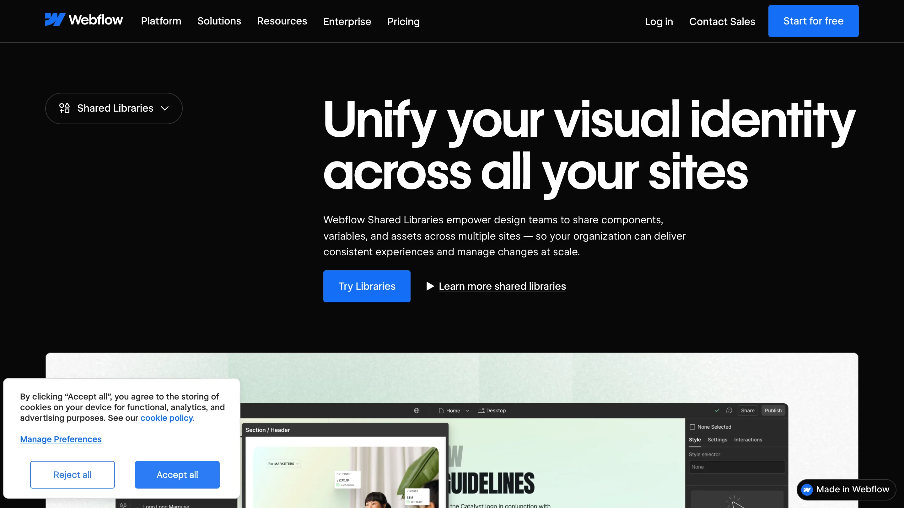 Webflow's Shared Libraries feature page, white headline on black reading Unify your visual identity across all your sites, with a Designer canvas showing brand guidelines below