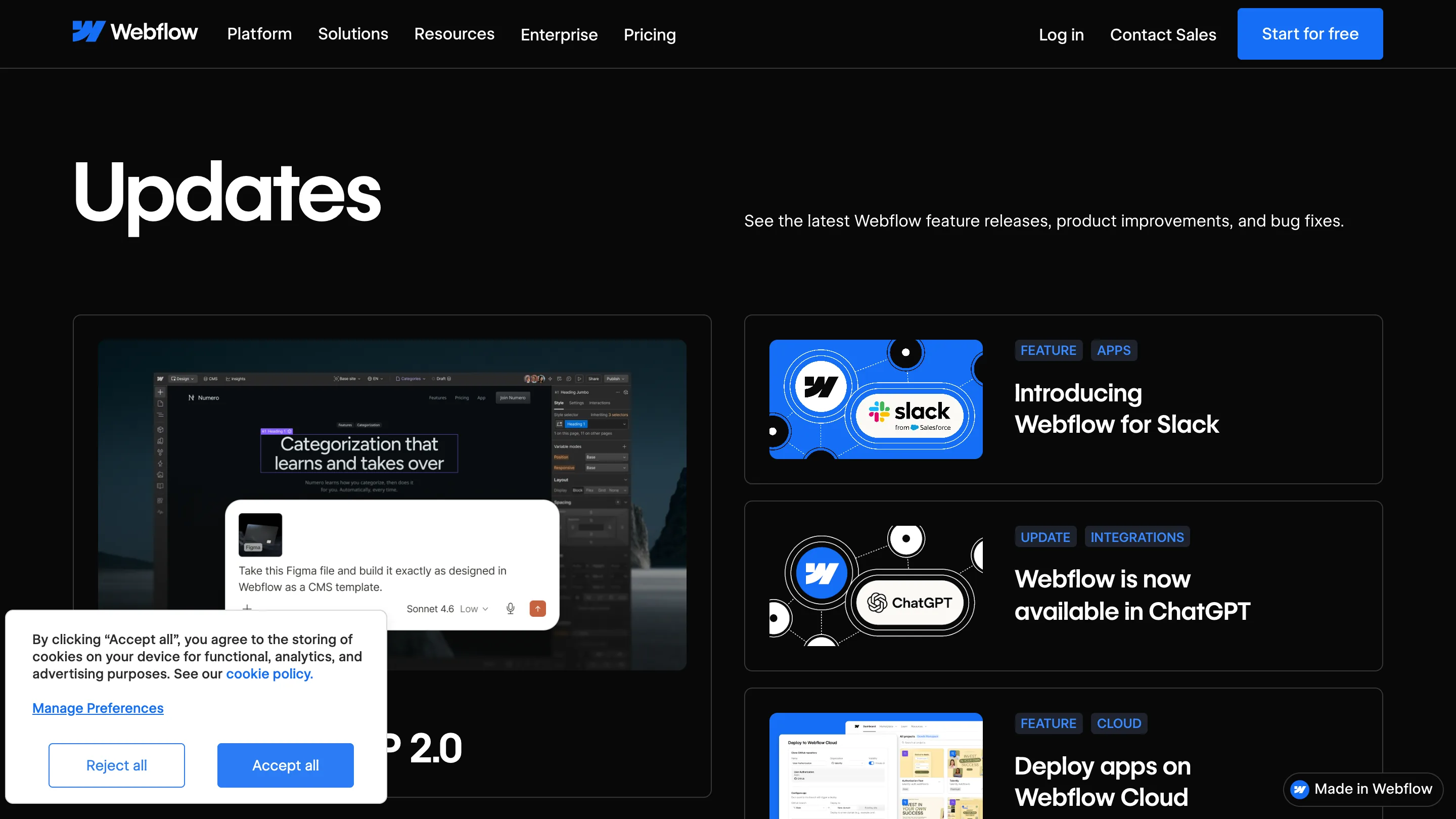 Webflow Updates index page, dark layout with a large MCP 2.0 card on the left and stacked cards for Webflow for Slack, Webflow in ChatGPT and Webflow Cloud on the right