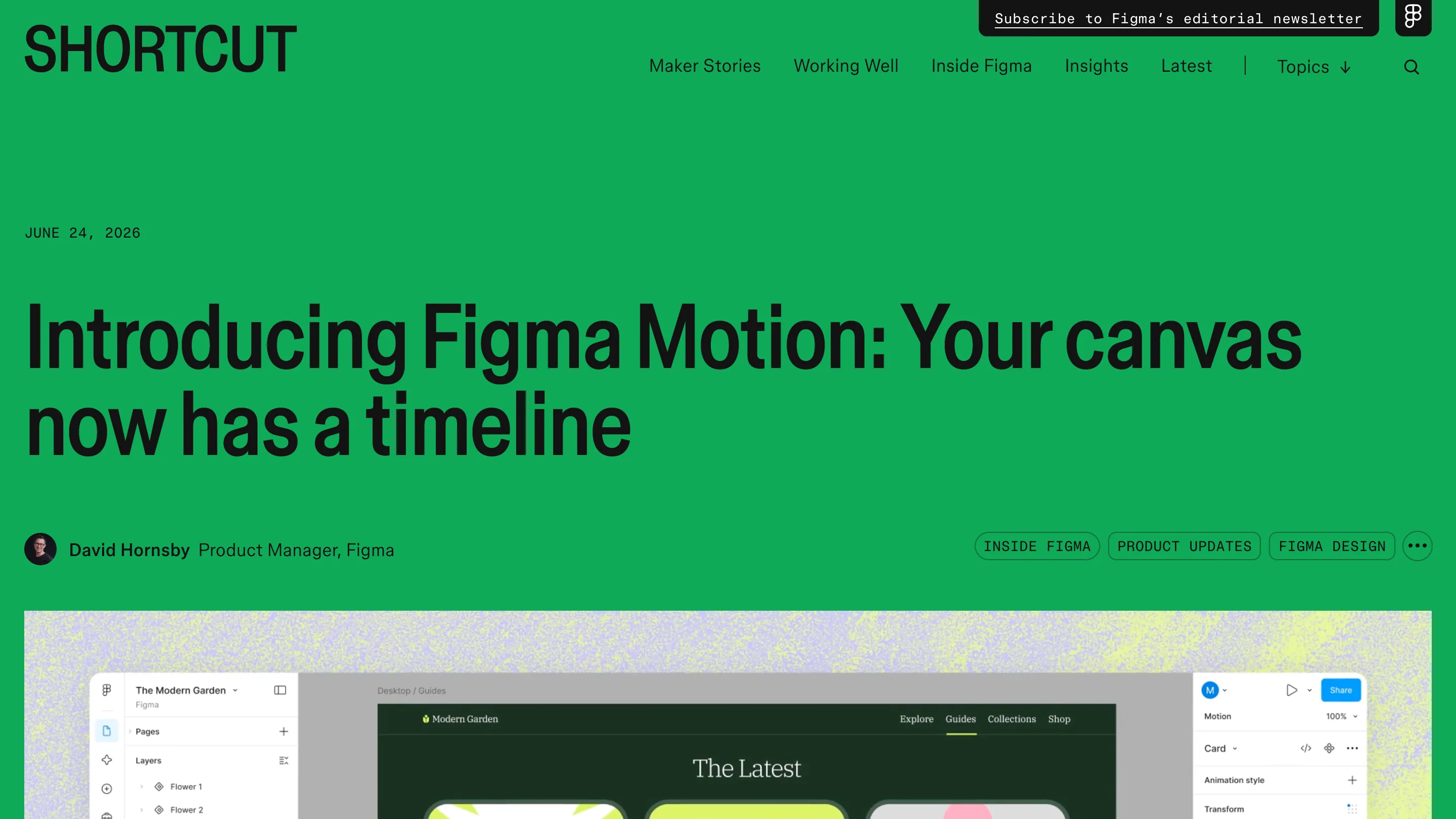 Figma blog announcement titled Introducing Figma Motion: Your canvas now has a timeline, dated June 2026