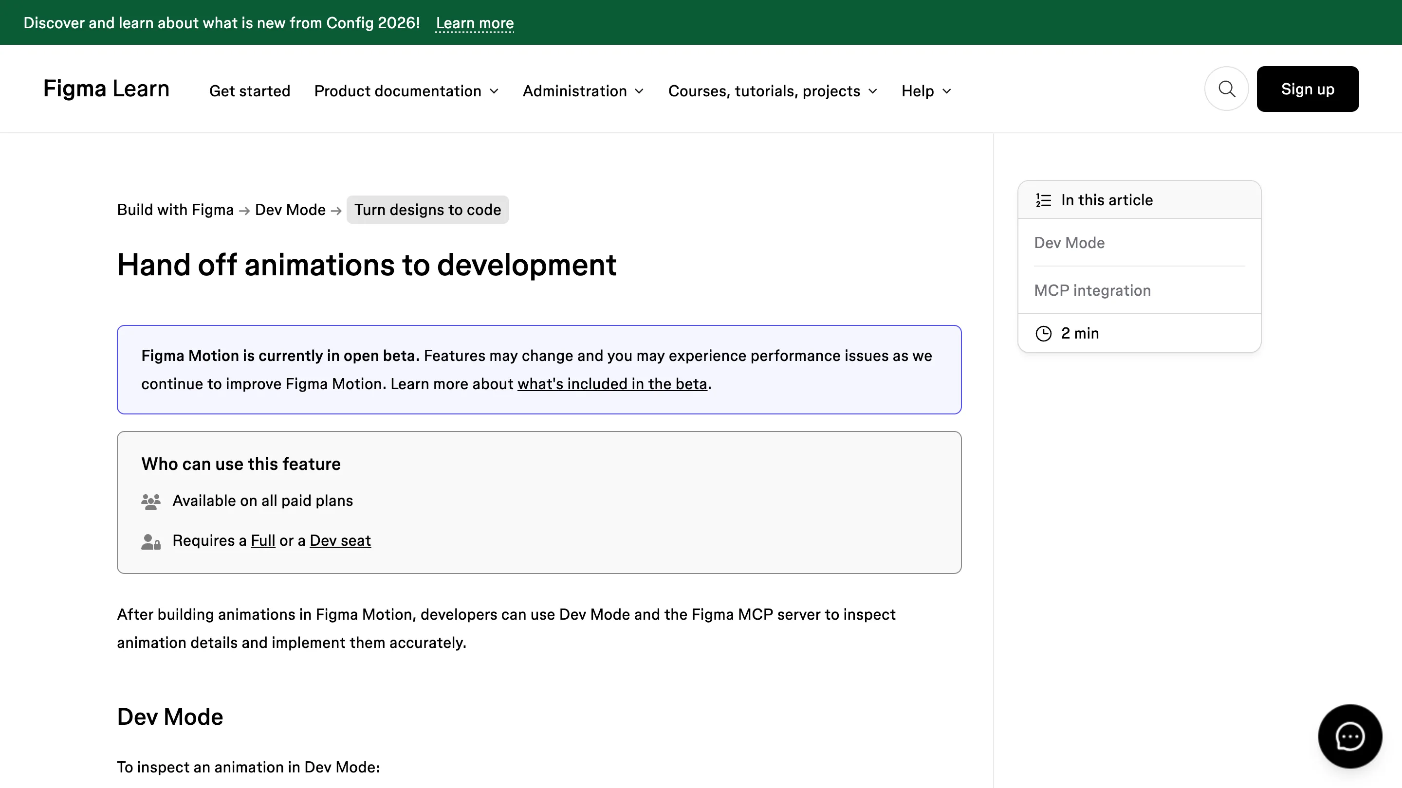Figma help page showing how to hand off animations to development via Dev Mode and the Figma MCP server