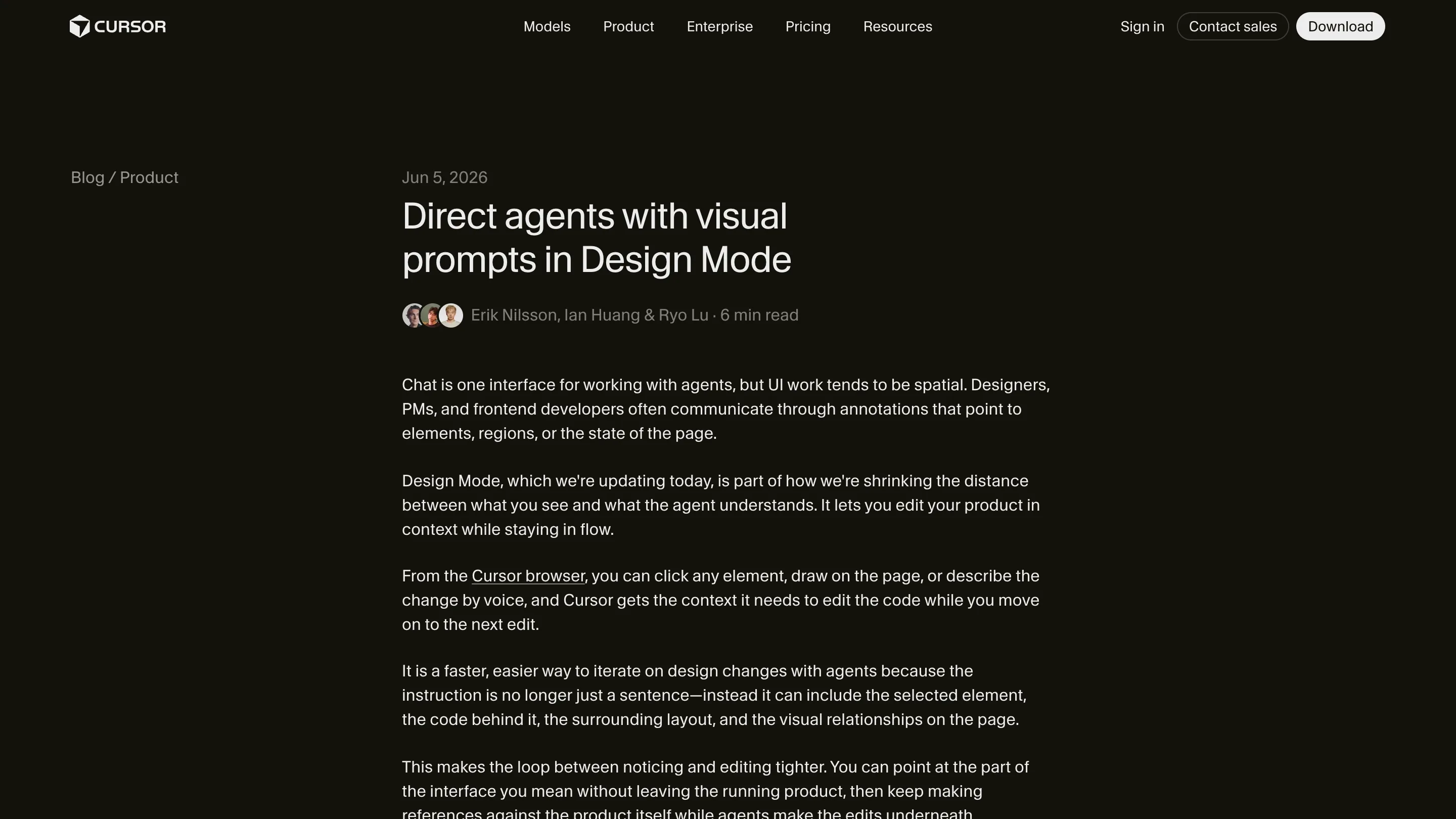 Cursor blog post on a dark background, headline 'Direct agents with visual prompts in Design Mode', dated June 5 2026.