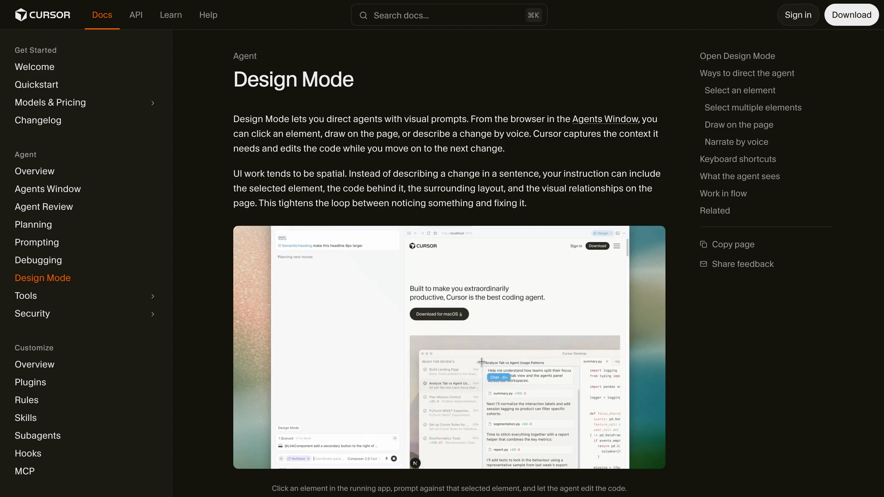Cursor Design Mode docs page showing a split view: a browser with an annotated element on the left, and the Cursor desktop agent editing code on the right.