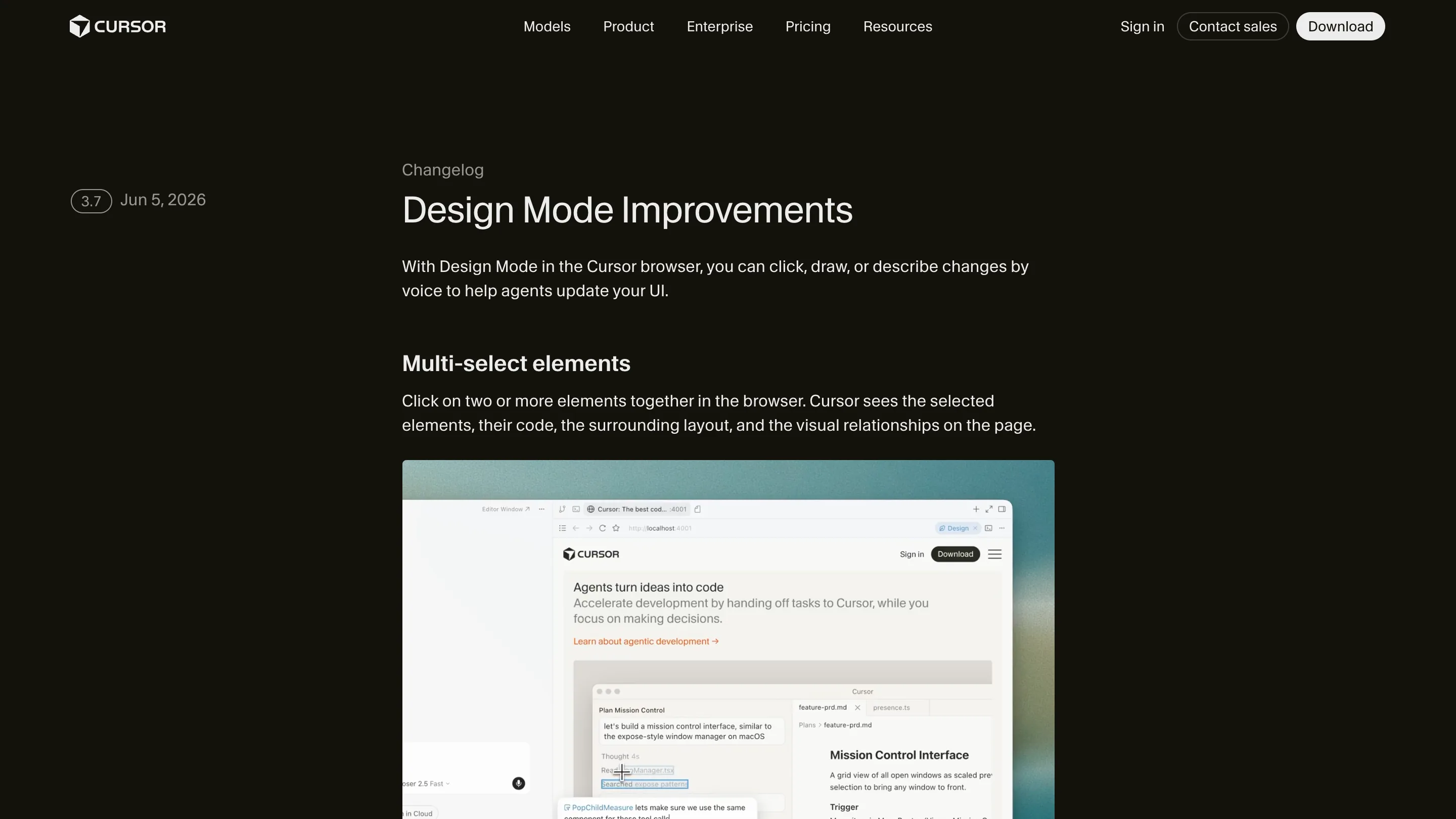 Cursor 3.7 changelog page titled Design Mode Improvements, describing multi-select elements over a browser and editor screenshot.