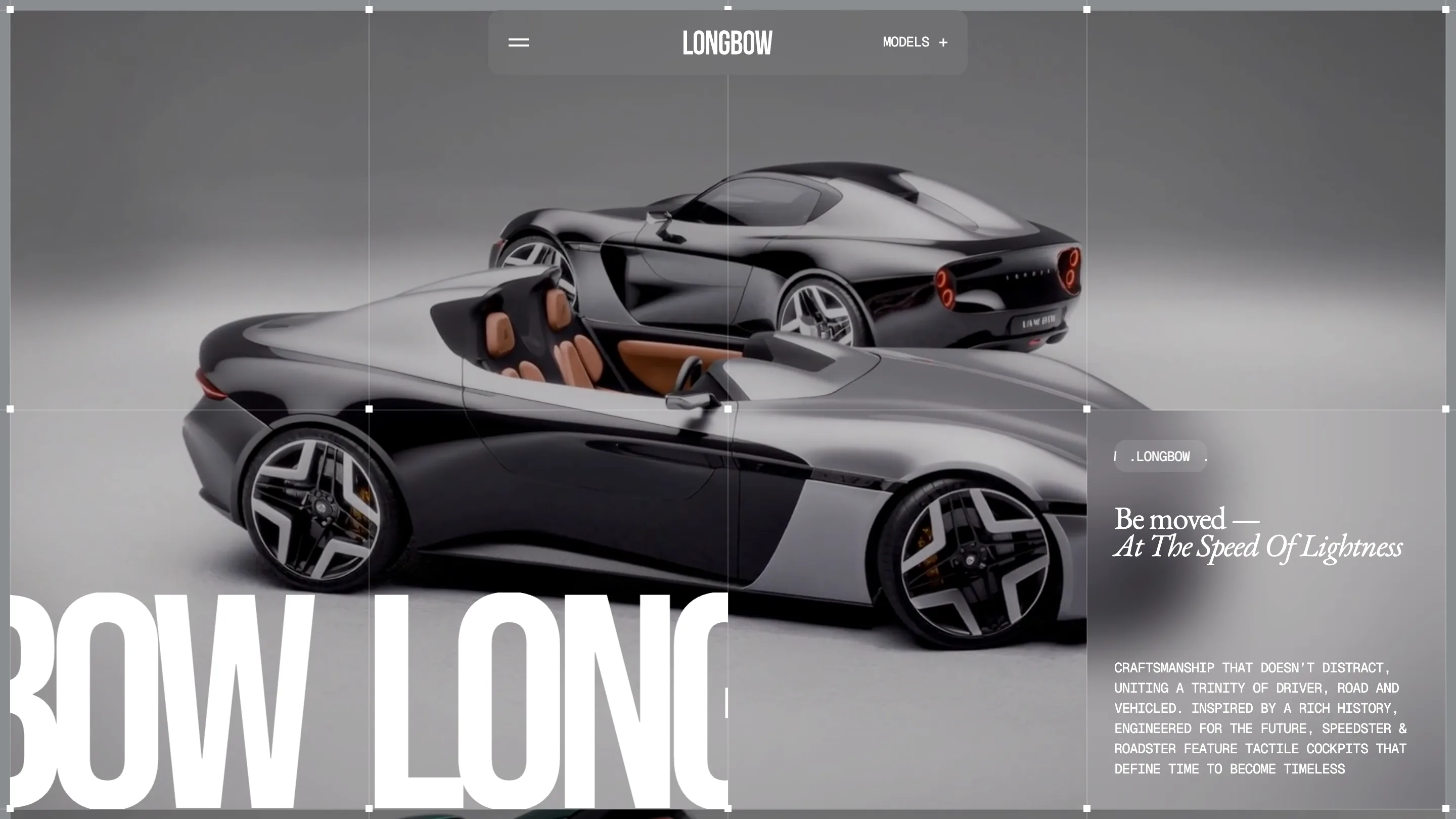Longbow homepage: a black coupé and an open-top speedster with tan leather seats on a grey studio backdrop, framed by a visible layout grid with square selection handles