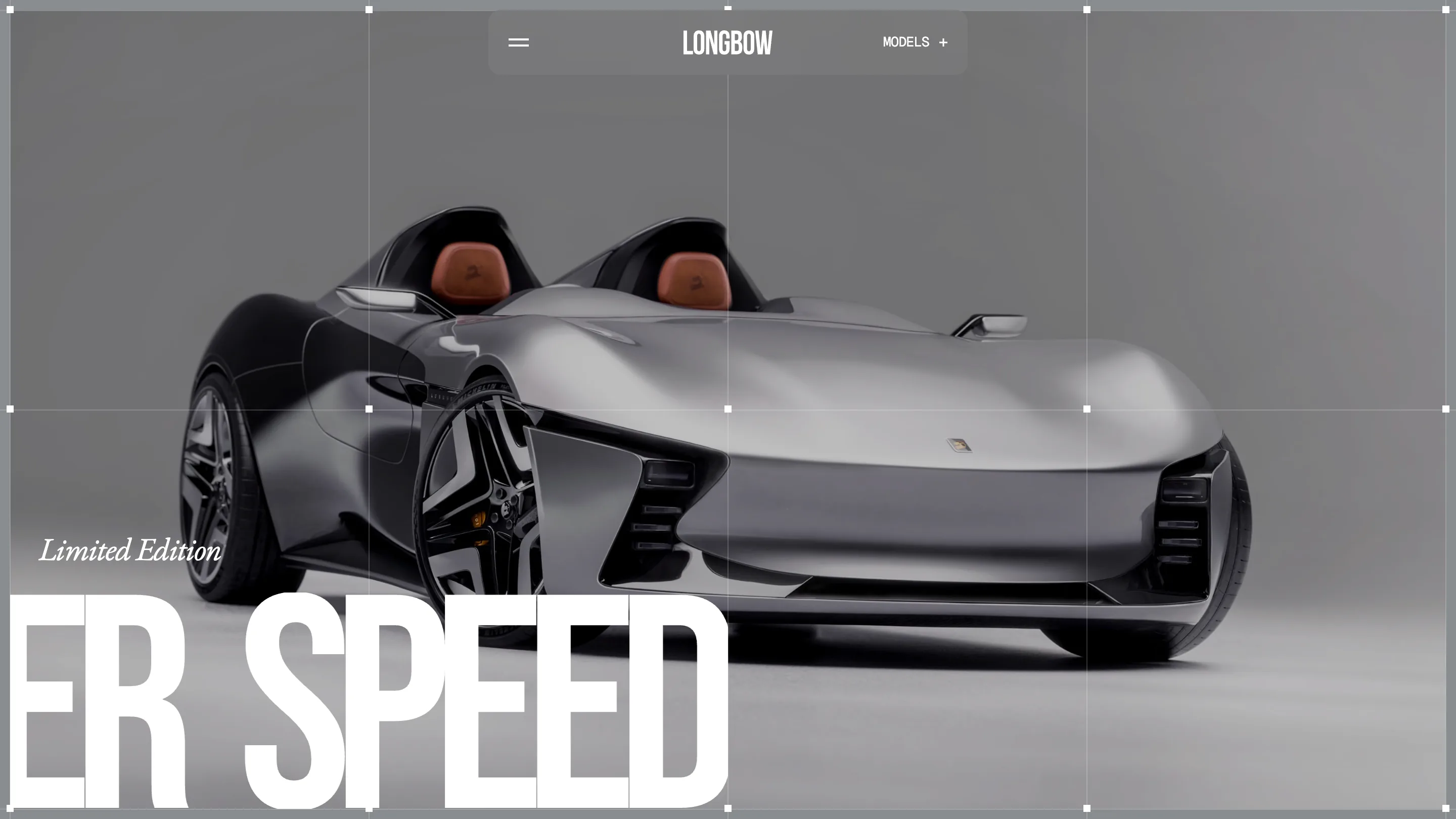 Longbow speedster page: a silver open-top speedster with tan leather seats on a grey studio backdrop, inside a visible layout grid, with the serif italic label Limited Edition and a huge cropped grotesk marquee